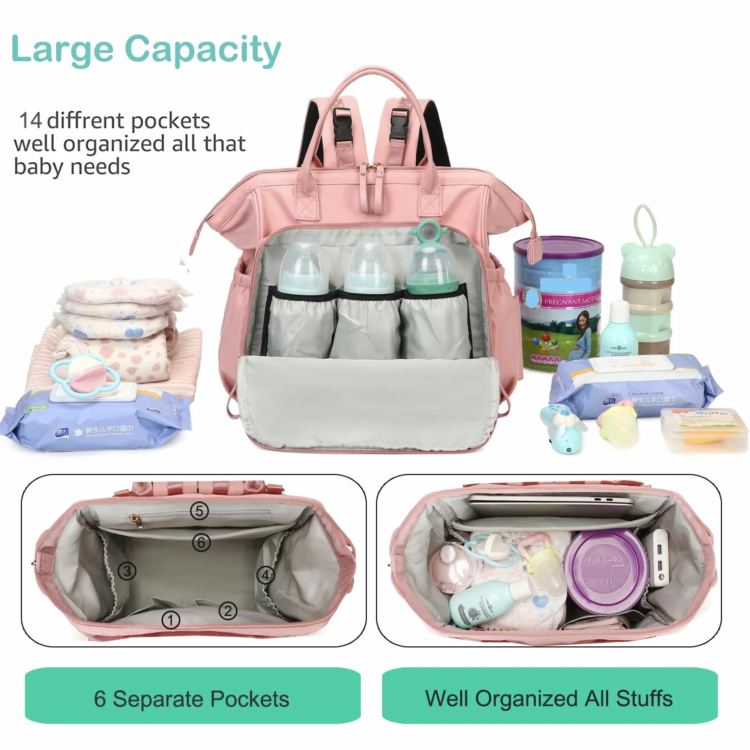LORADI, Borsa tote portapannolini convertibile, con ampia apertura nella parte superiore,14 tasche e supporto per passeggino, impermeabile
