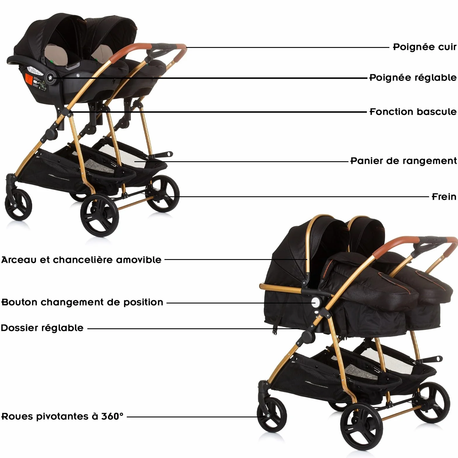 DUO SMART - Passeggino gemelli o bambini stretti, larghezza 79 cm, nero + 2 accoglienti neri
