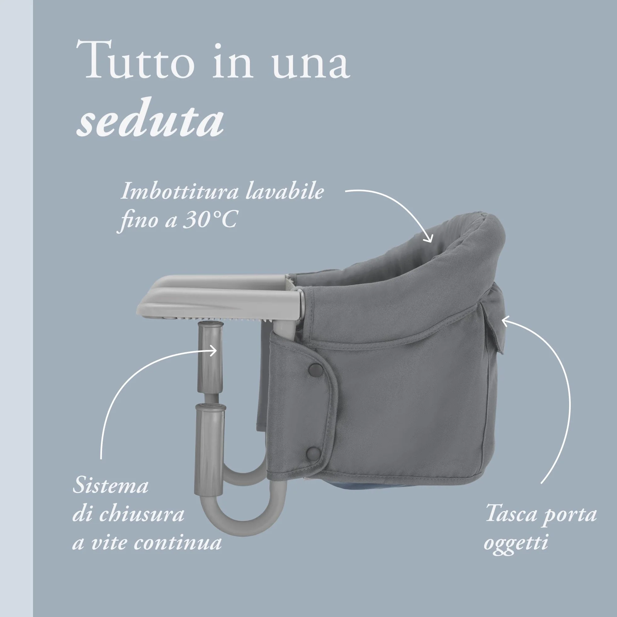 Inglesina Fast, Seggiolino da Tavolo Pieghevole, Grigio (Grey), Facile Trasportare, Lavabile, Installazione Sicura, Fino a 15 kg, 35 x 27 42 cm