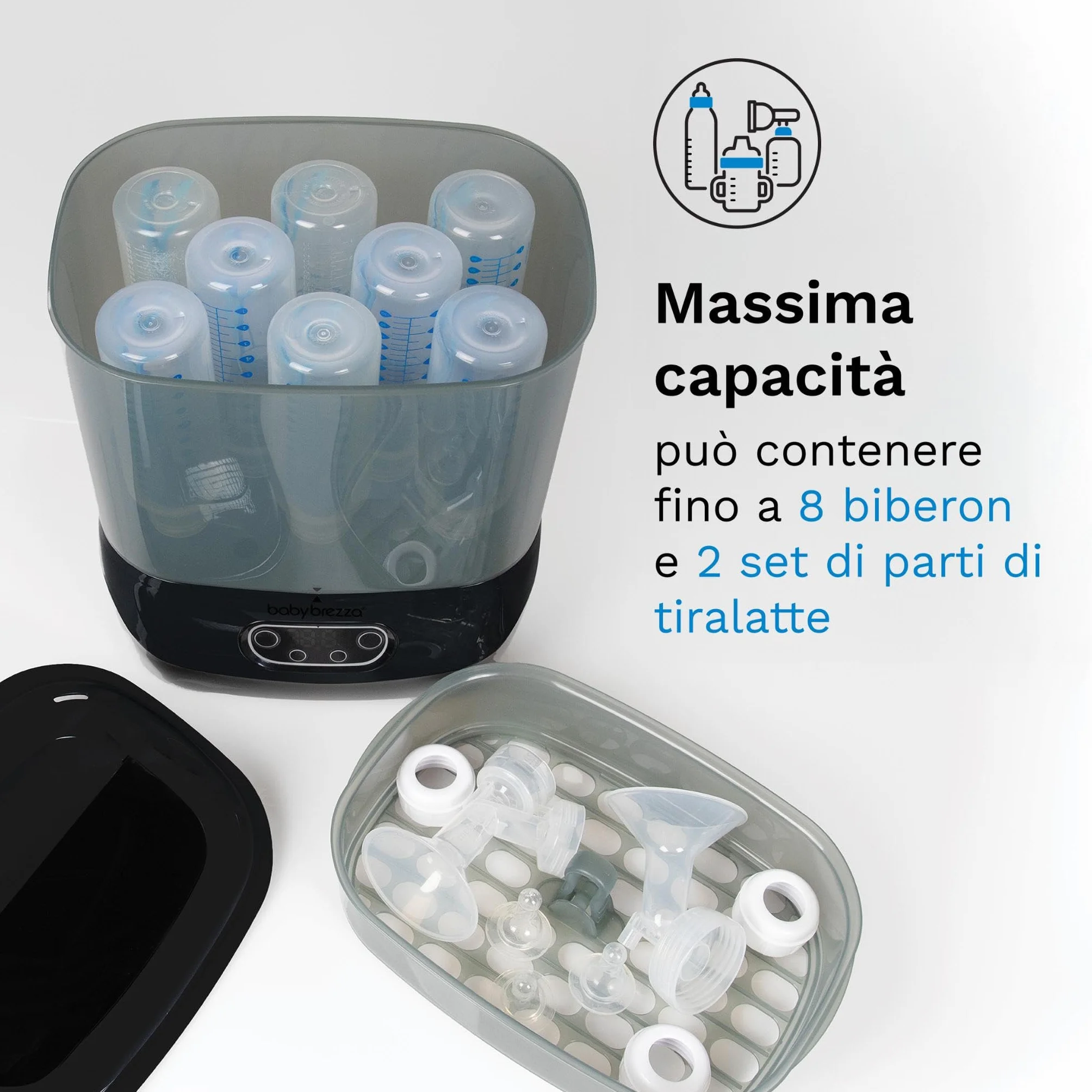 Baby Brezza Sterilizer Dryer Advanced – Sterilizzatore a Vapore per Biberon 4 in 1-33% più veloce, extra capiente con Filtro HEPA – Asciuga Biberon e Sterilizzatore Neonato universale