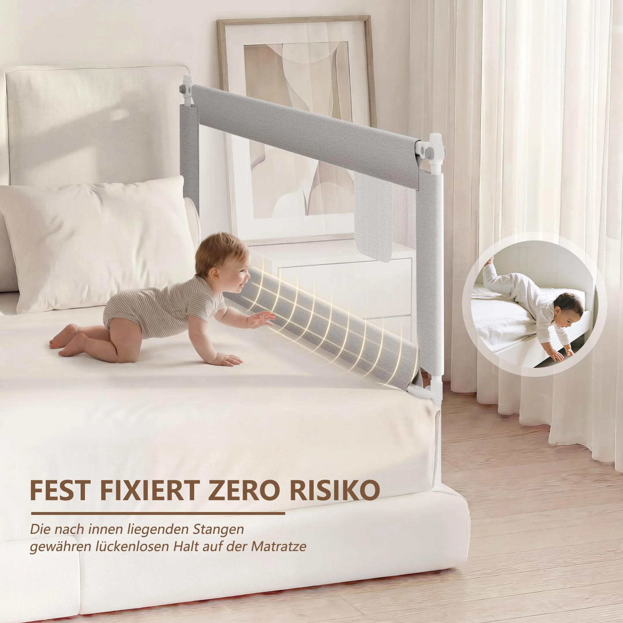 Sponda letto bambini extra alta e traspirante, barriera per letto con sollevamento verticale, blocco di sicurezza, tasca e facile montaggio (190cm, grigio, 1lato)