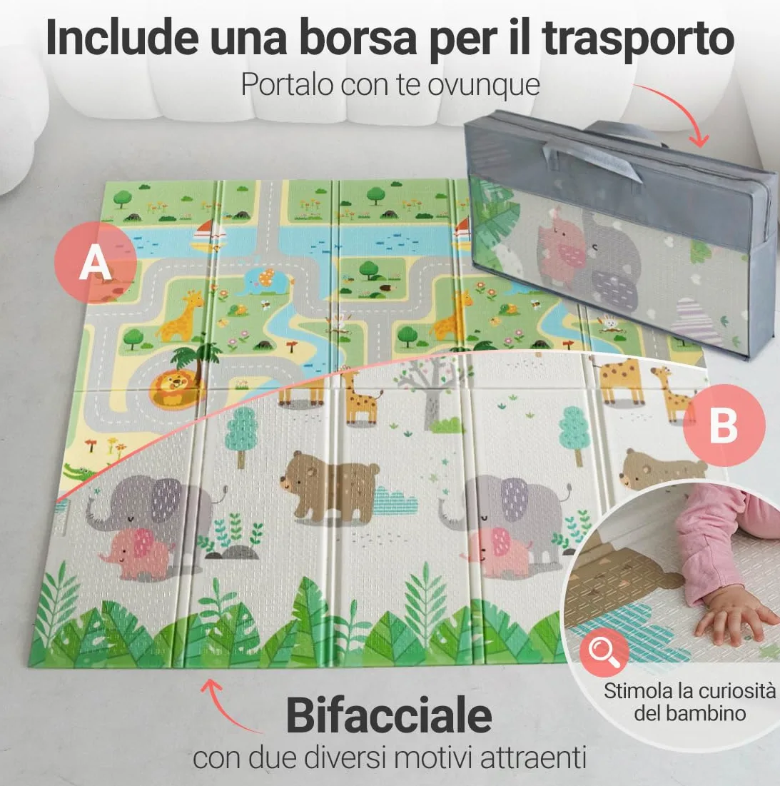 MIKMEL Tappetino da gioco per bambini (Strade/Animali, Grande)