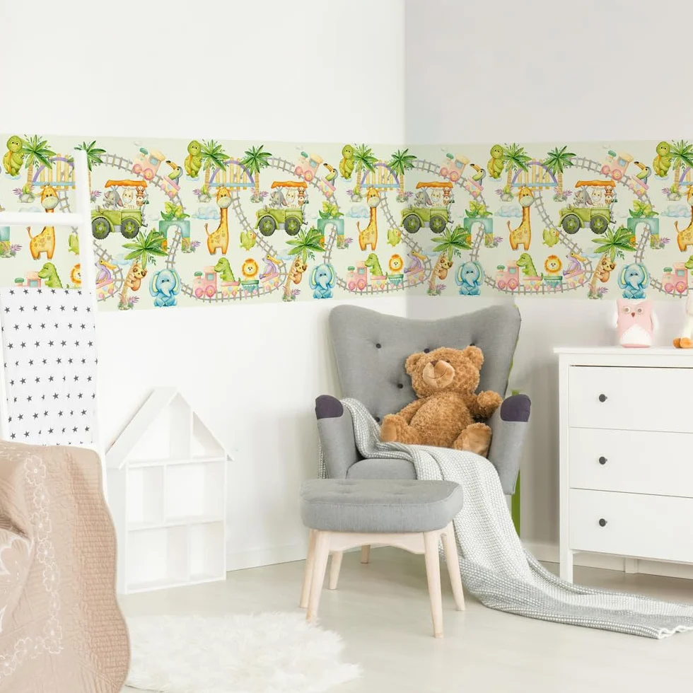 kina - SM0054 Adesivi Murali Fasce per Camerette Bambini - Grafica Trenino dello zoo Greche Protezione e Decorazione Pareti Rivestimento Mobili Tavoli e Armadi 30x130 cm