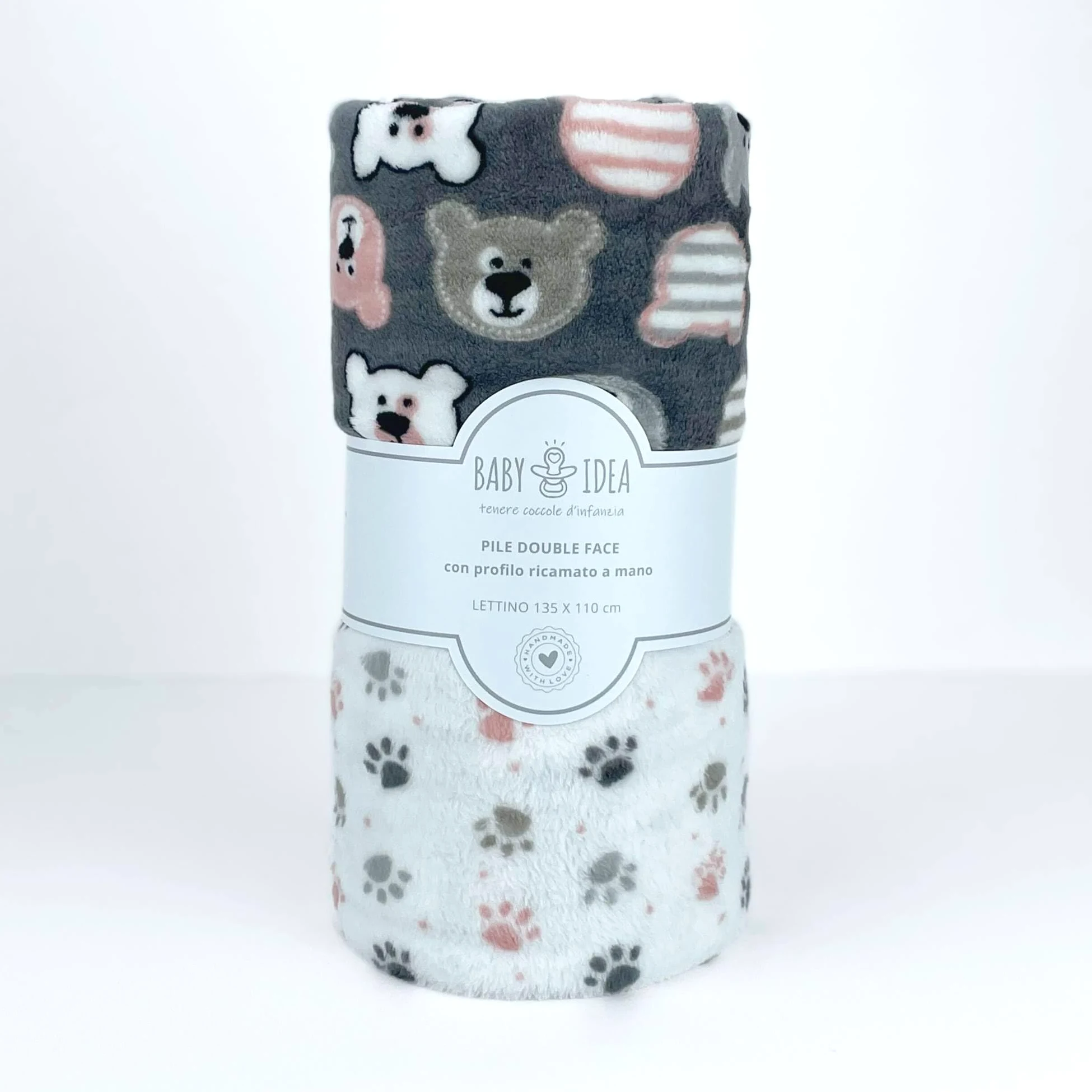 baby idea - Copertina Neonato Invernale Di Alta Qualità Calda e Morbida Con Profilo Ricamato a Mano Copertina Pile Lettino Made In Italy (135 X 110, Orsetto Grigio)