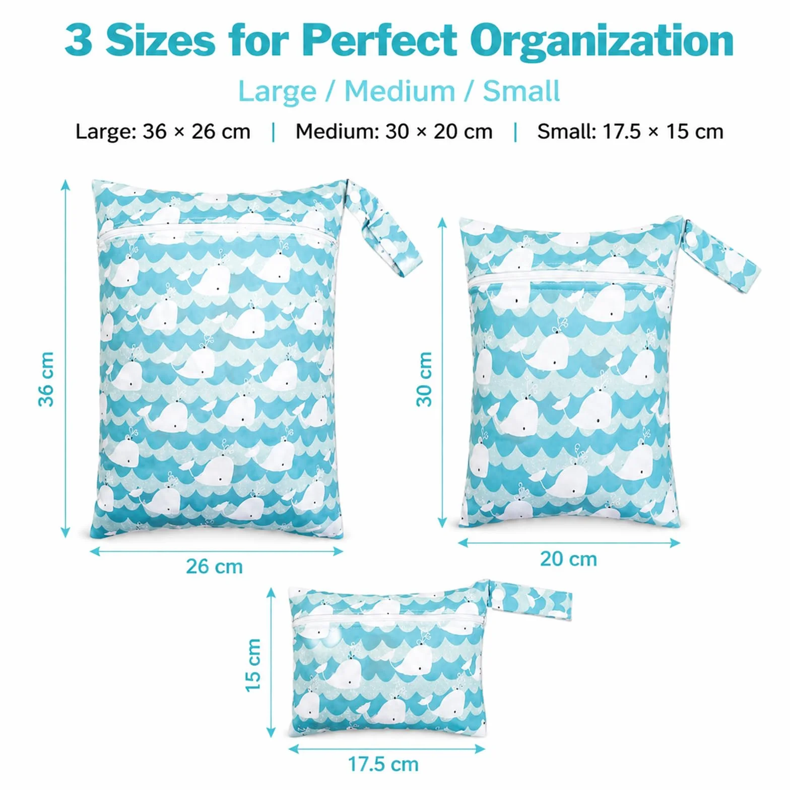 Set da 3 Wetbags Blu Balena Design, Borse Impermeabili per Pannolini e Indumenti bagnati per Neonati e Asilo, Wetbag Portatile per Viaggio con Dolce Motivo Balena