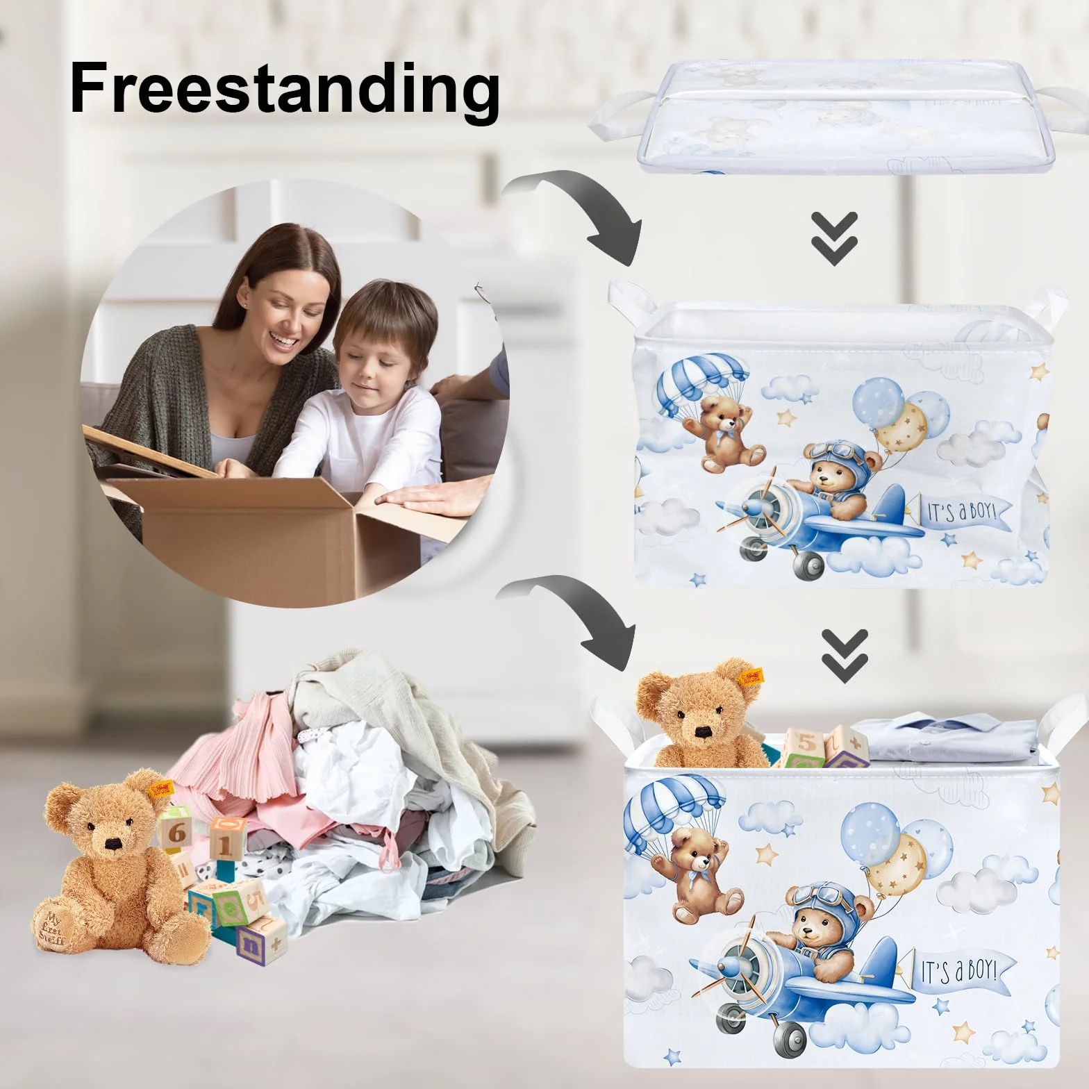 Clastyle Grande Cestino Portaoggetti Orso Pilota Palloncini Blu con Maniglia Ceste per la Biancheria Pieghevole Rettangolare Vestiti Giocattolo per Camera dei Bambini Bagno