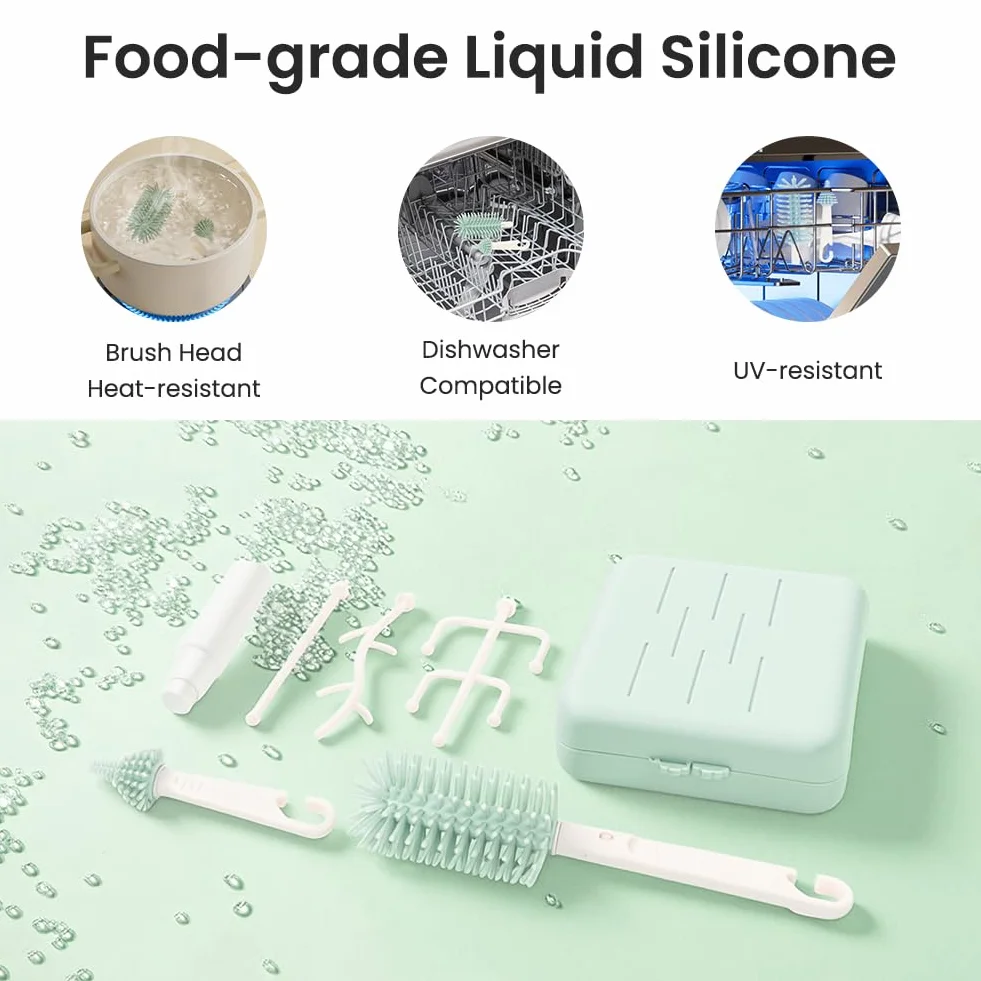 Vicloon 6 in 1 Spazzole per biberon, set da viaggio con spazzola in silicone per biberon/tettarella/cannuccia, dispenser di sapone, stendibiancheria, articoli essenziali da viaggio per neonati (Blu)
