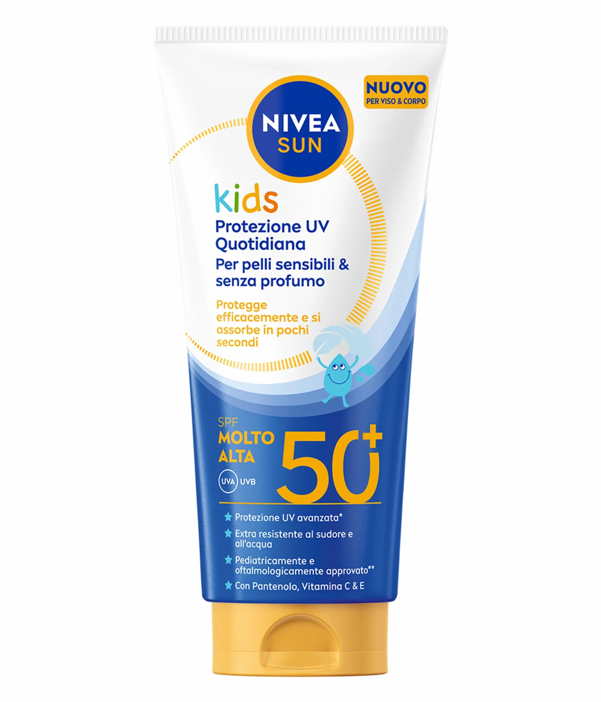 NIVEA SUN Kids Protezione UV Quotidiana SPF 50+ 100 ml, Crema solare 50 bambini per viso e corpo, Protezione solare 50 bambini extra resistente all'acqua, Per pelli sensibili, Senza profumo