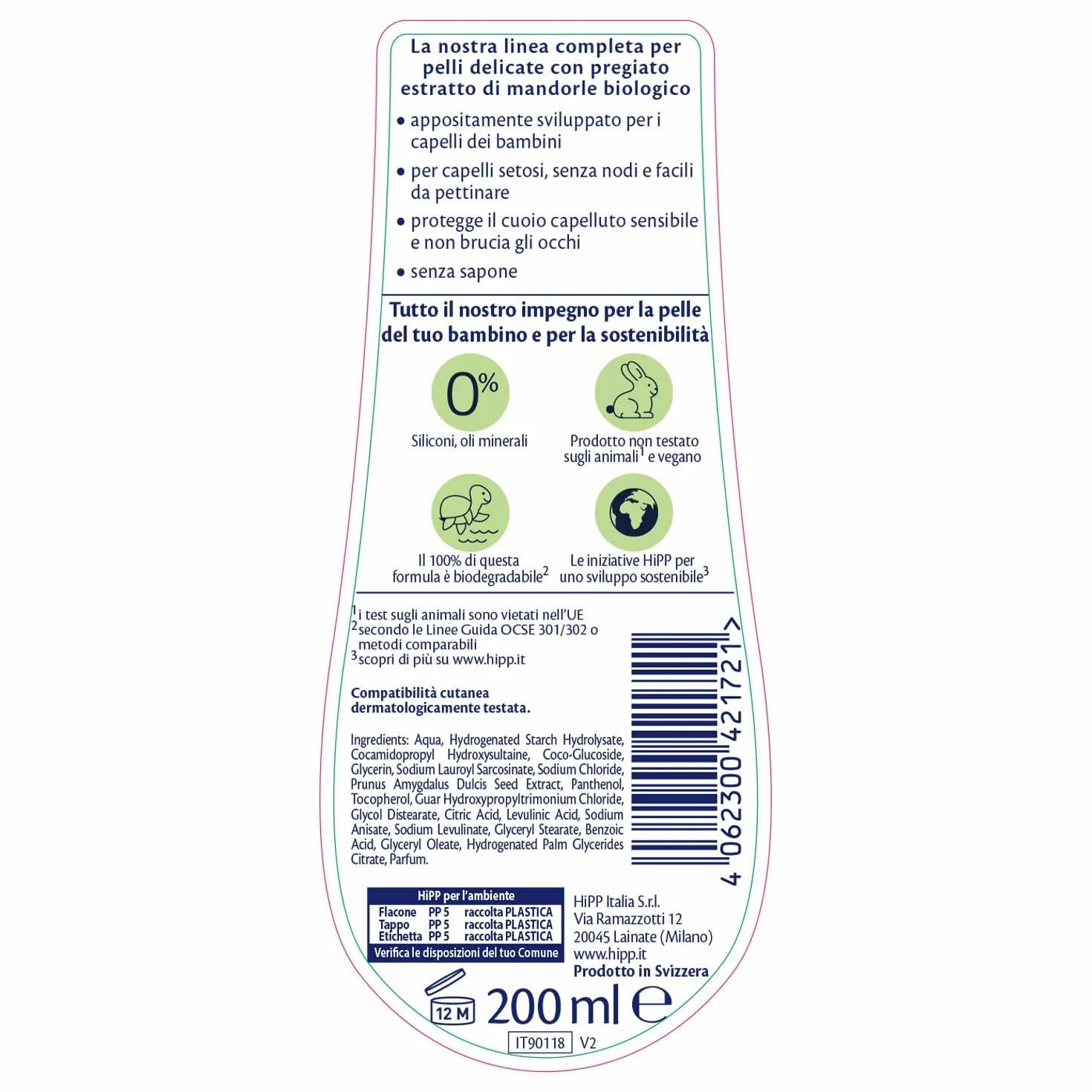 HiPP - Baby Care - Shampoo con Balsamo per Bambini, Districa i Capelli e Protegge il Cuoio Capelluto, pH Neutro, per Pelli Sensibili, con Estratto Naturale di Mandorle Bio, 1 Pezzo da 200 ml