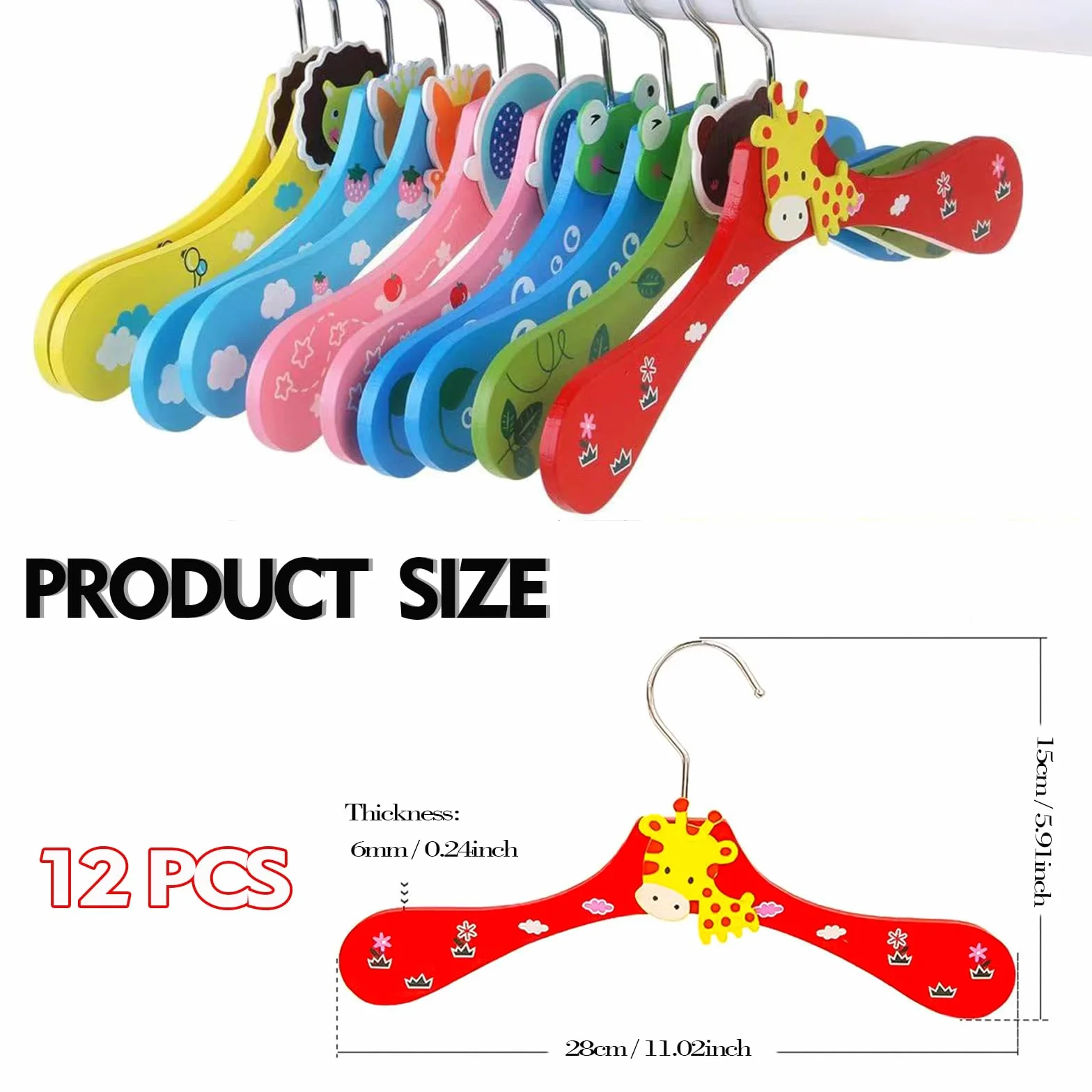 12 PCS Grucce Bambini Legno - Grucce per bambini in legno colorato con motivi animali