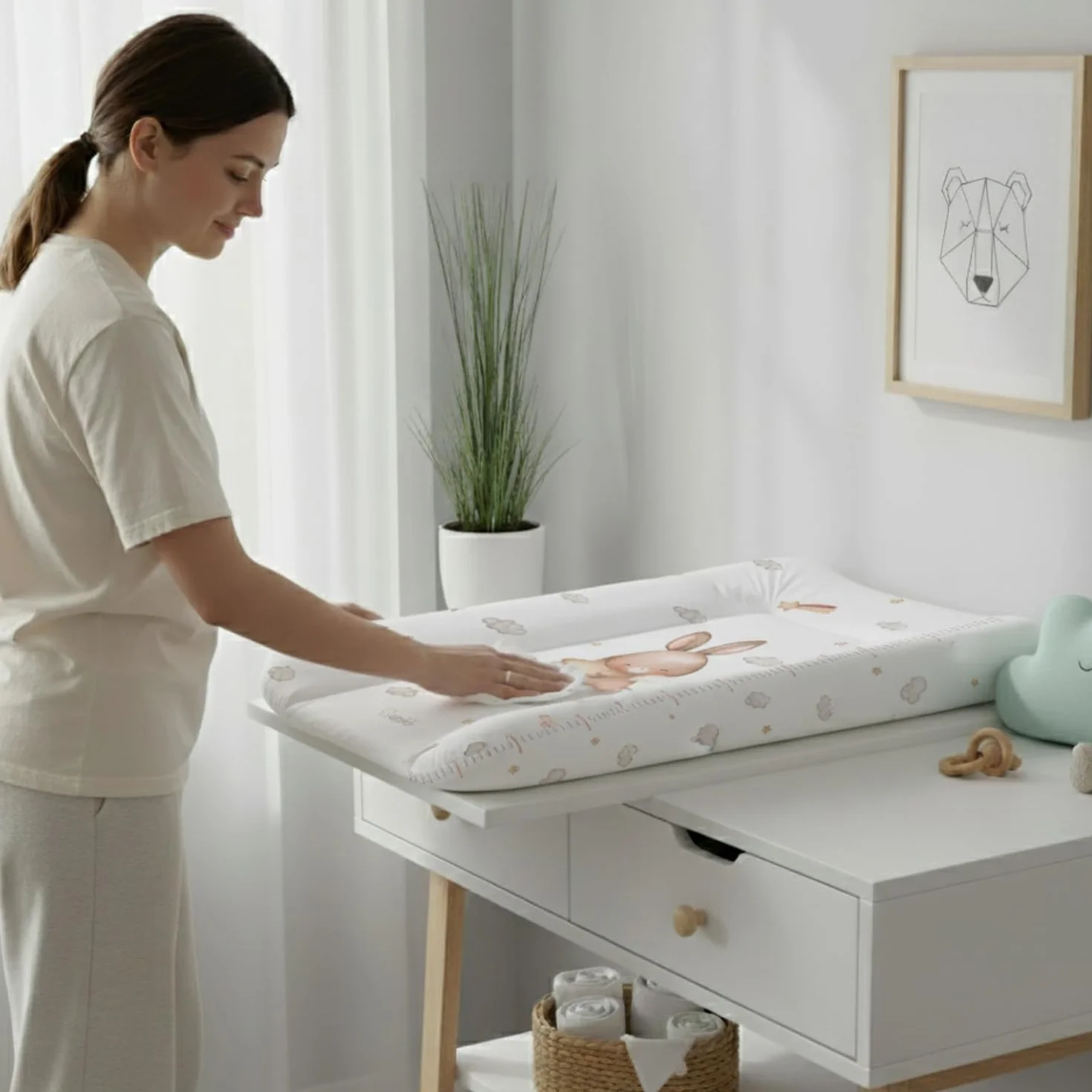 Materassino fasciatoio 50x70 cm, bianco con coniglio – impermeabile e lavabile, morbido per neonati – cuscino fasciatoio per cassettiera – materassino cambio pannolino, facile da pulire
