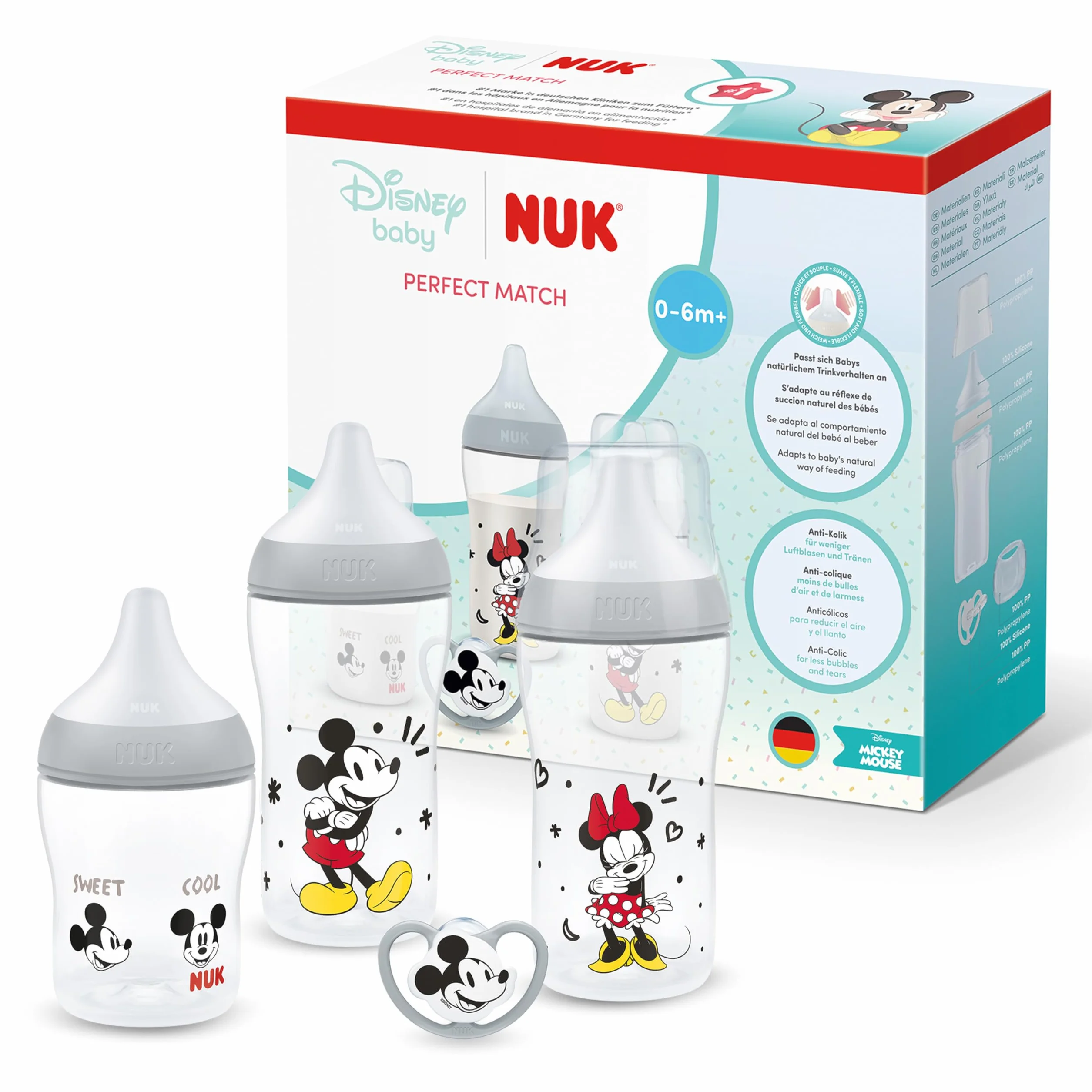 NUK Perfect Match Set di Biberon e Ciuccio per Neonati | 0-6 Mesi | 3 Biberon Anticolica (150 ml, 260 ml), 1 Succhietto Perfect Match Air | Disney Topolino | 4 Pezzi