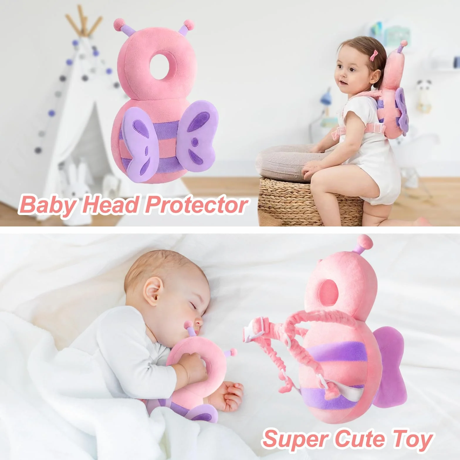 Zaino protettivo per la testa del bambino, cuscinetti di sicurezza regolabili per imparare a camminare, zaino per protezione della testa per bambini da 4 a 24 mesi che gattonano, farfalla in peluche