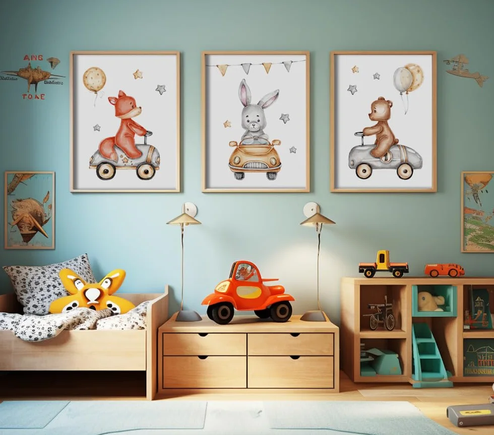ag.art deco Quadri Cameretta Bambino con Cornice in Legno A3 30x40 cm | Accessori Cameretta Bambina o Cameretta Neonato | Set di 3 Poster Bambini (Animali in Auto)