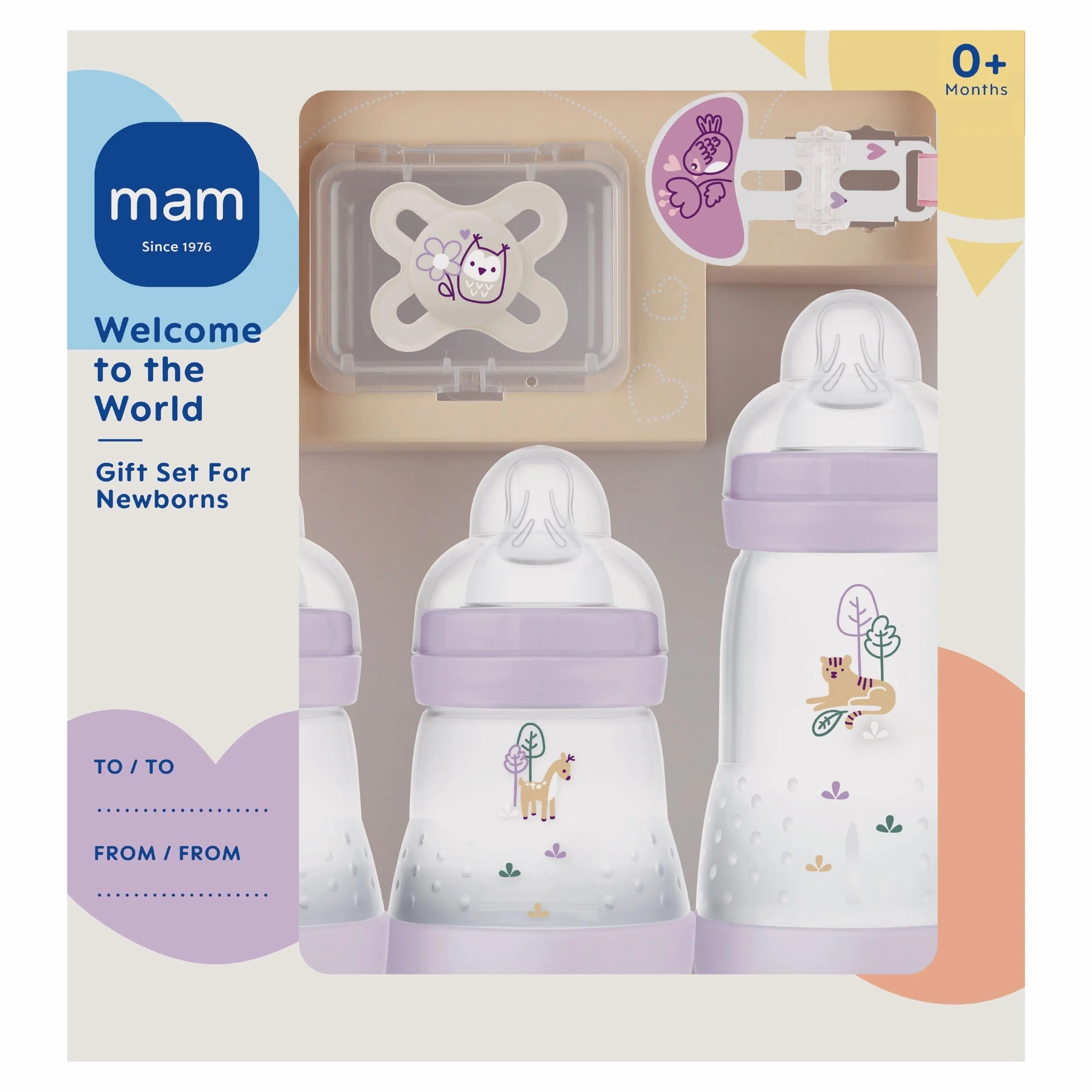 MAM Set de Recién Nacido, Set Regalo, Incluye: 2 Biberones Anticólico de 160ml, 1 Biberón Anticólico de 260ml, 1 Chupete Original Start, 1 Broche para Chupetes, a partir de 0 meses, Rosa