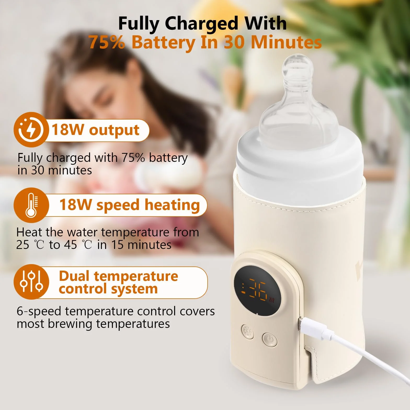 Scaldabiberon portatile con batteria da 6000 mAh, riscaldamento rapido da 18 W e 6 livelli di temperatura (38-50 °C), preparatore di biberon con riscaldamento rapido senza acqua, LED e luce notturna