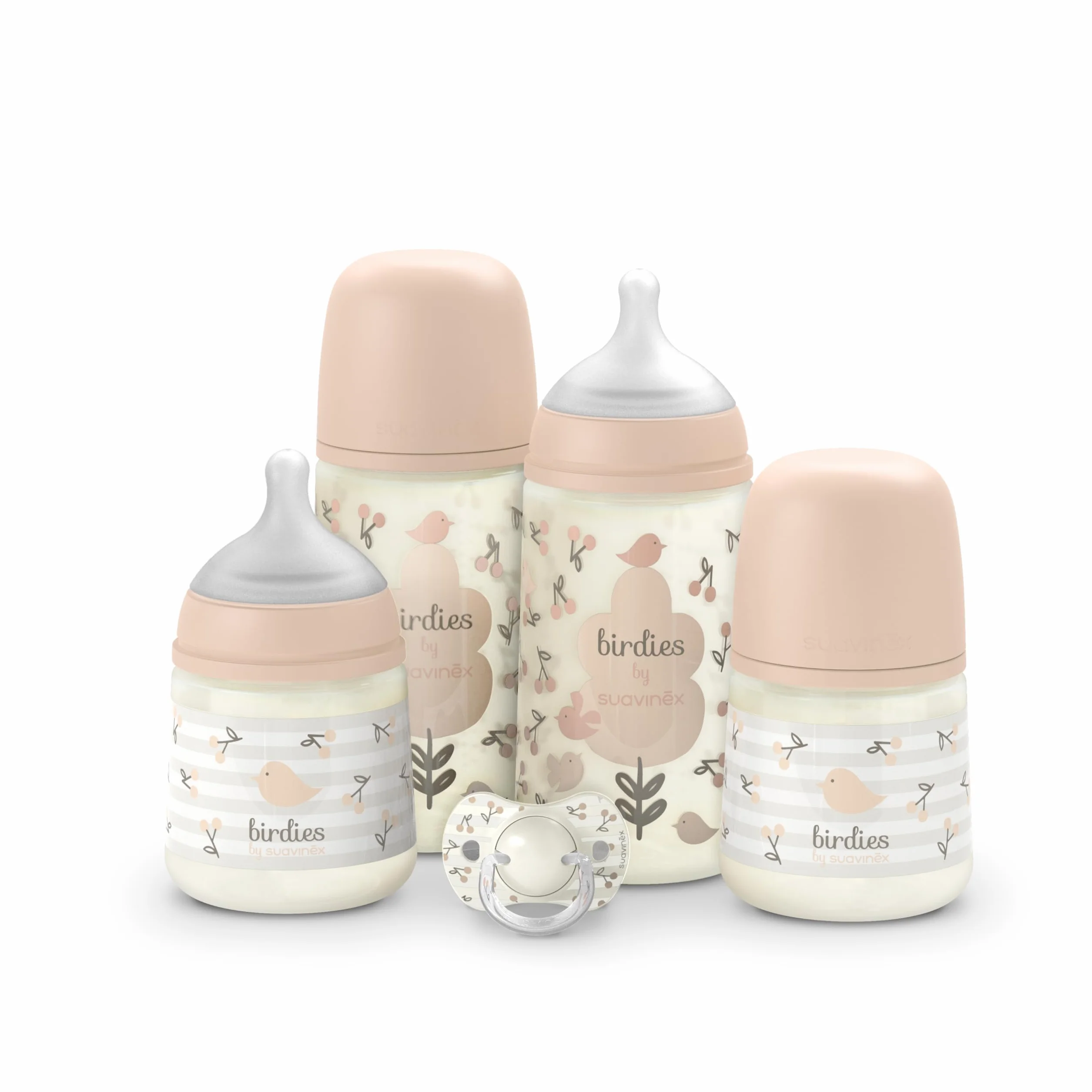 Suavinex, Set di Biberon per Neonati, Confezione Regalo: 2 Biberon da 270 ml + 2 Biberon da 150 ml + Ciuccio 0-6 Mesi, Tettarelle Fisiologiche SX Pro in Silicone, 5 Pz, +0M, Birdies Rosa
