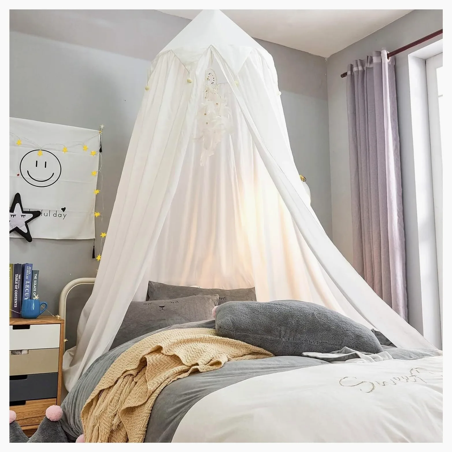 Tenda da Letto, Baldacchino da Letto, baldacchino sospeso a Cupola Rotonda for mazzetta for Bambini Arredamento della Camera for Angolo di Lettura Castello Gioco for Interni ed Esterni(White)
