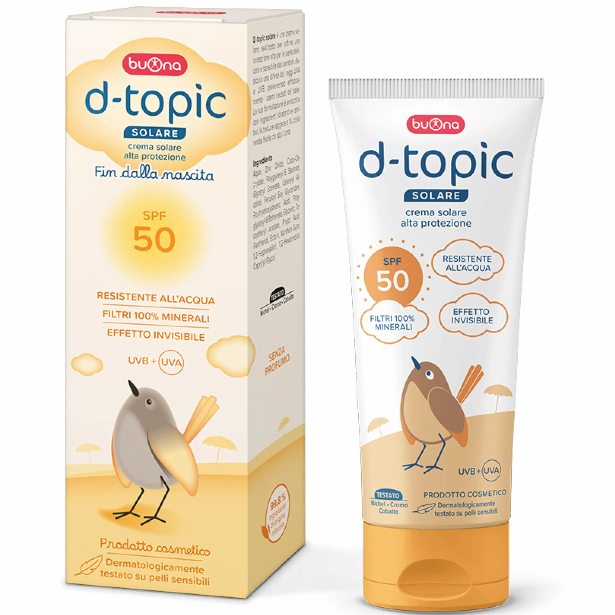 Buona d-topic Solare Crema Solare 50 Bambini 100 ml Protezione Solare Neonato per Pelle Sensibile e Delicata, Filtri 100% Minerali, Resistente All’Acqua, Senza Filtri Chimici, Effetto Invisibile