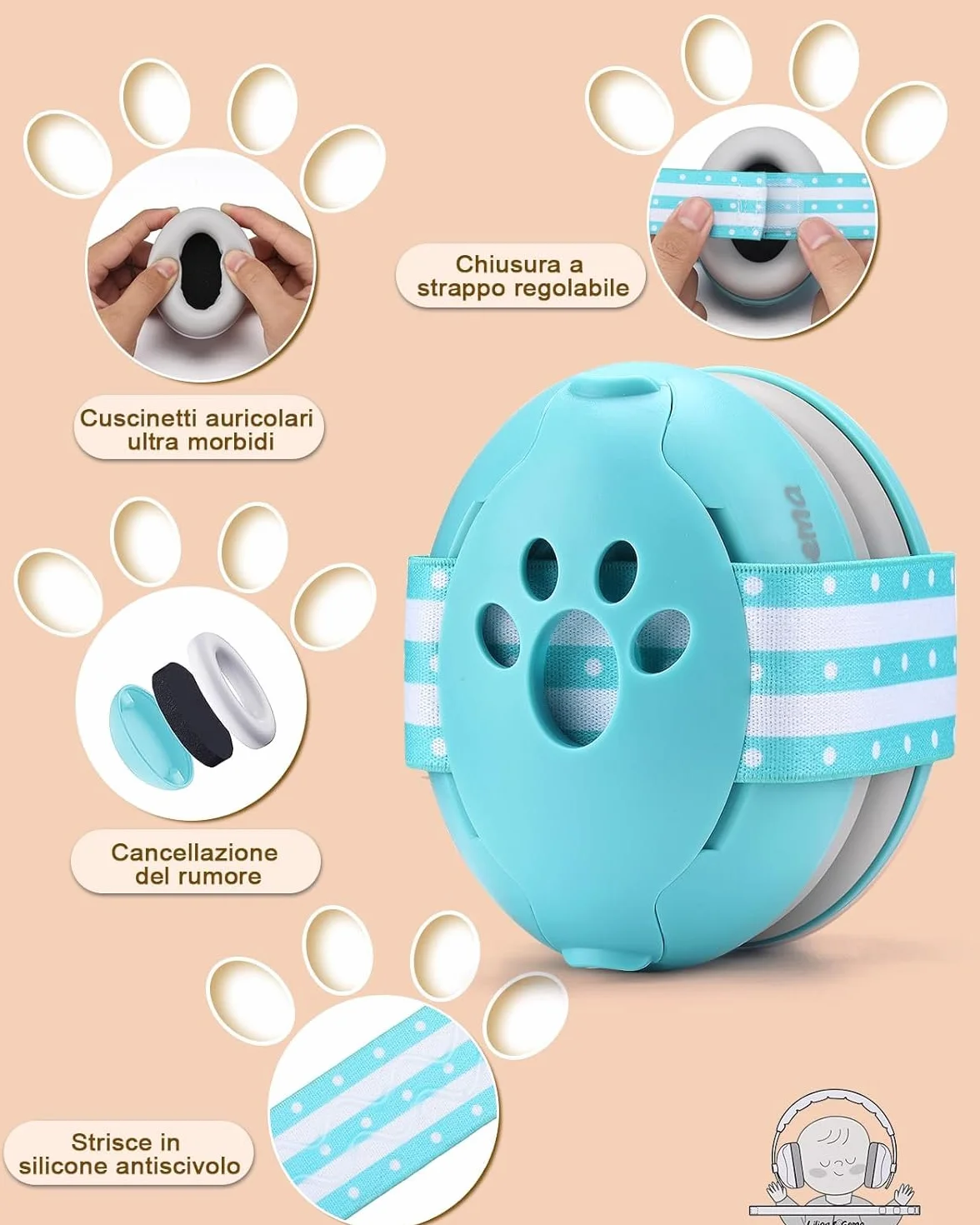 Generico 2 in 1 Cuffie Neonato Antirumore -25dB,Protettori acustici per neonati, archetto regolabile, antiscivolo e antistress, protezione acustica ideale per neonati fino a 48 mesi