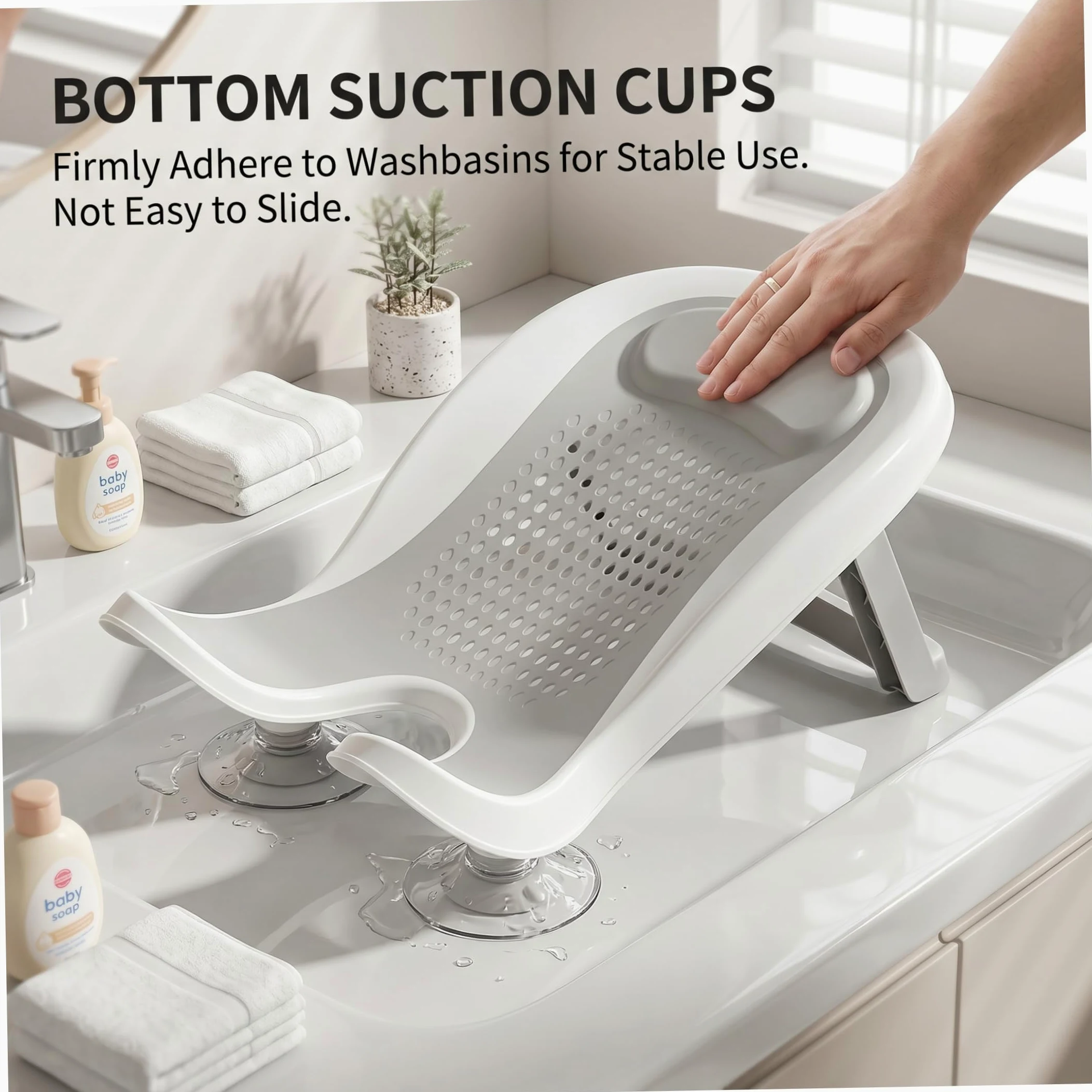 Sedili da bagno, Supporto per bagnetto, Vaschetta ergonomica per neonati con ventosa e soluzione per lavabo antiscivolo per gambe per 0-12 mesi - Grigio