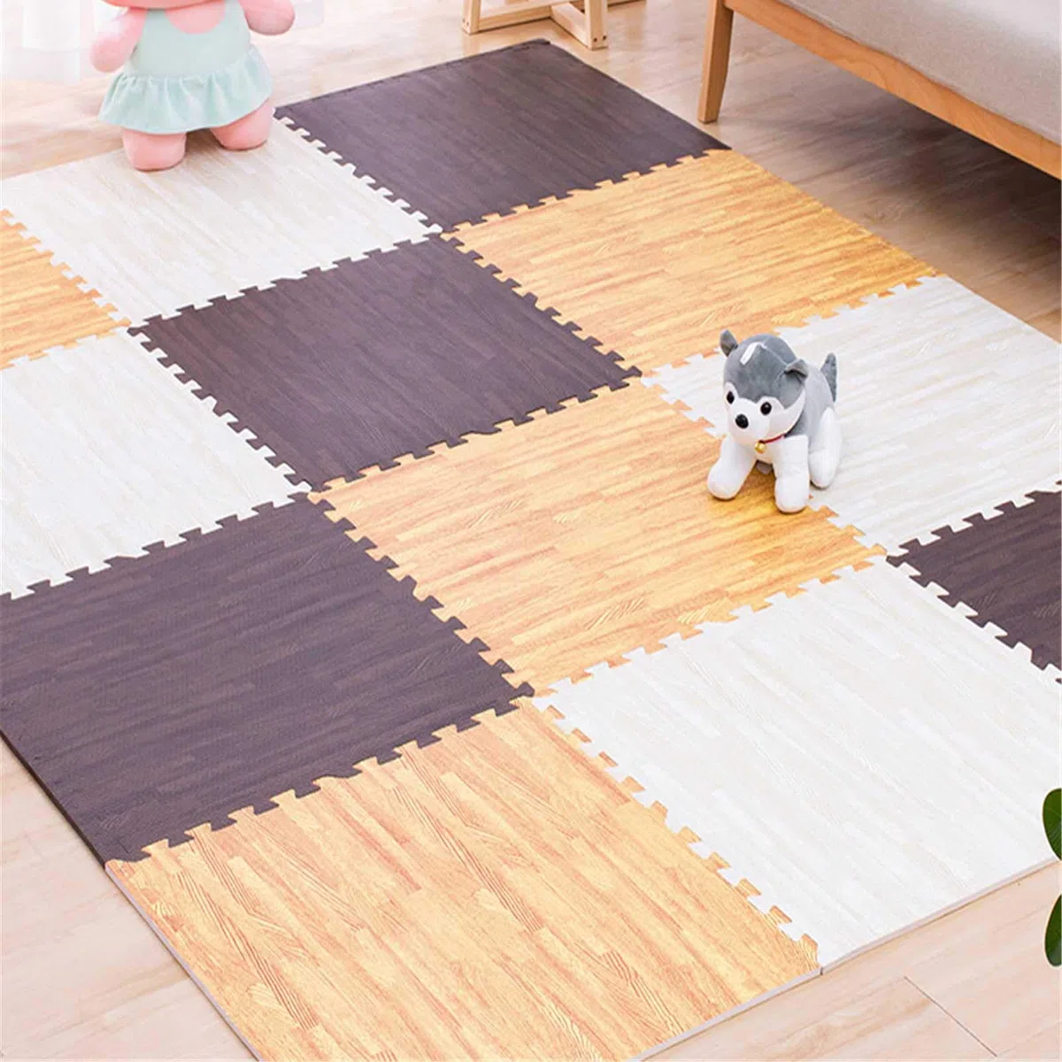 Tappetino da Gioco per Bambini, Tappetini da Gioco per Bambini in Morbida Schiuma Eva - Protezione del Pavimento, per Sala Giochi Yoga per Esercizi in Garage,White+Dark Brown+Khaki,10