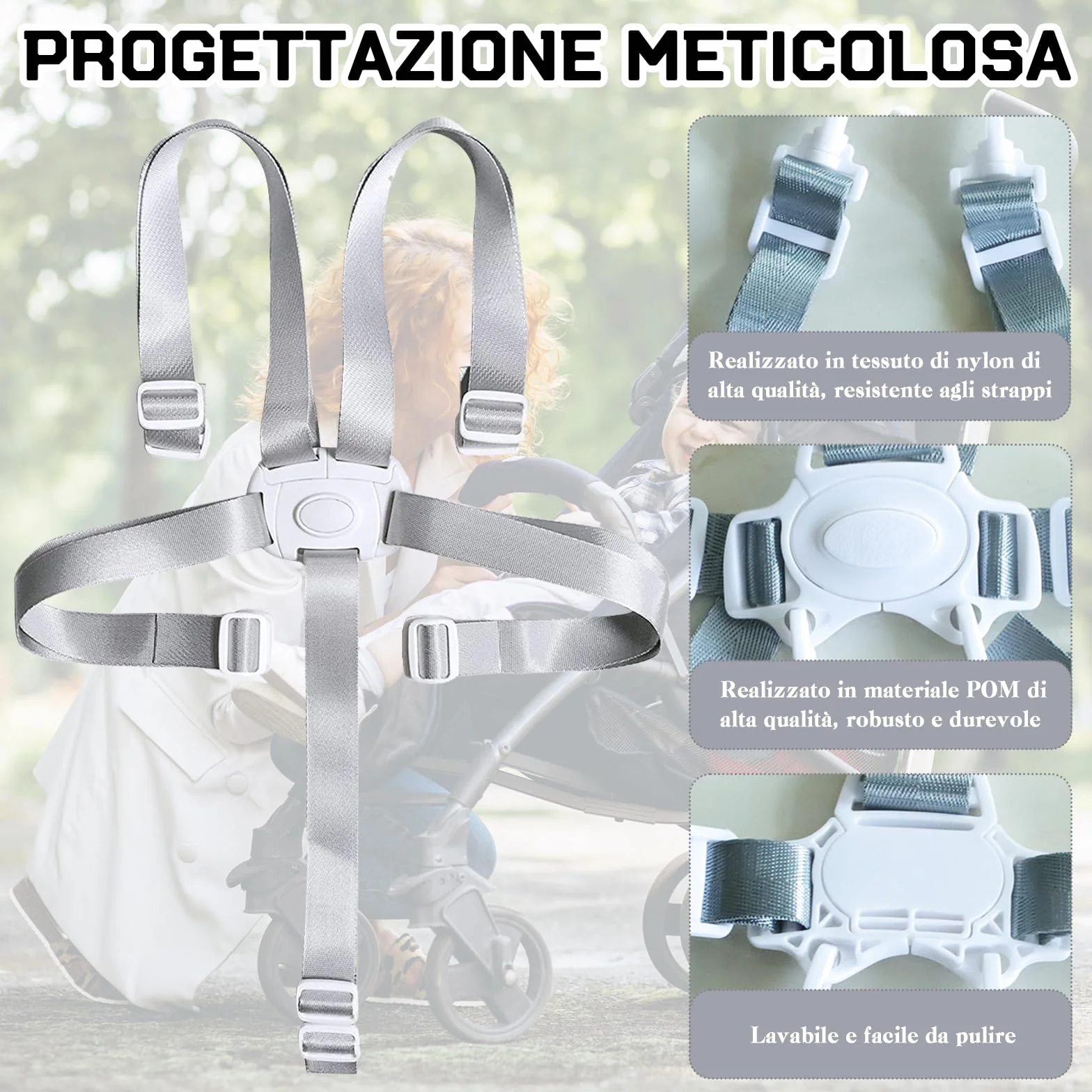 Scettar Cinture Passeggino Universali, Regolabile Copri Seggiolone Pappa, Imbottitura per Seggiolone di Sicurezza Anticaduta, Ganci Passeggino, Cintura di Sicurezza a Cinque Punti, Con 2 Ganci(Bianco)