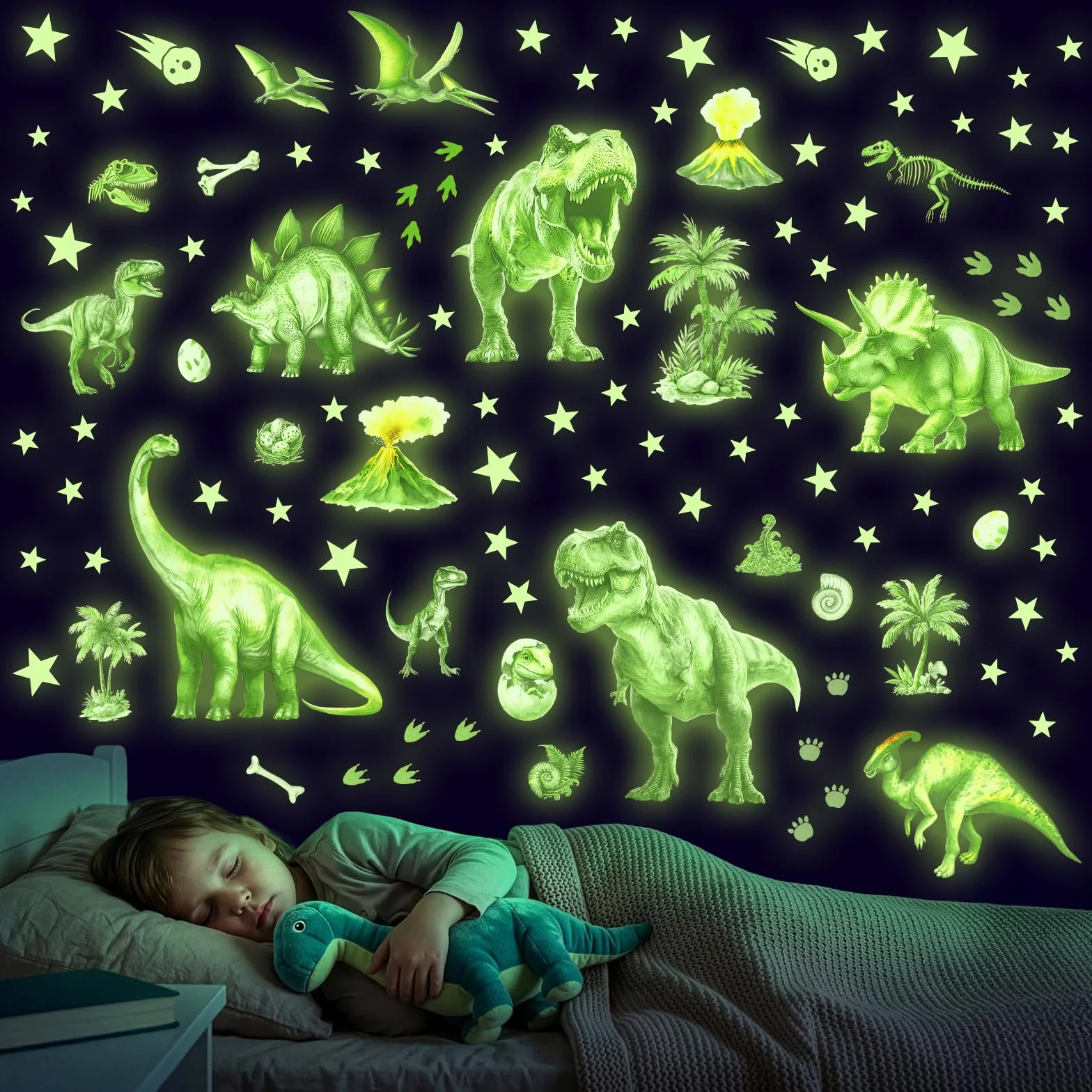 DECOWALL Adesivo da parete con dinosauro luminoso, grande T-Rex luminoso, triceratopo e vulcano, decorazione luminosa del cielo notturno, per cameretta dei bambini e sala giochi (GDS4-7004)