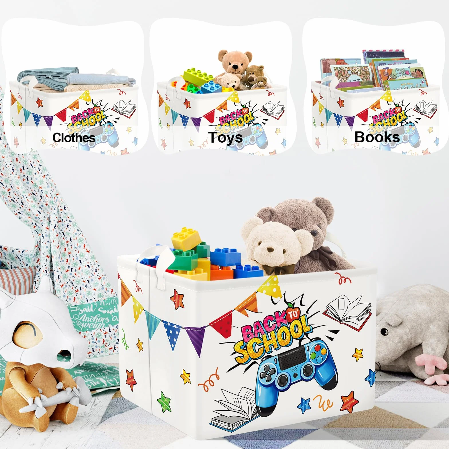 Clastyle Ceste Biancheria Gioco Cestino Giocattoli Vestiti Impermeabile per Ragazzo Ragazza Cestino Portaoggetti per Bagno Cameretta Bucato, Scuola Bianca, 40x30x30 cm