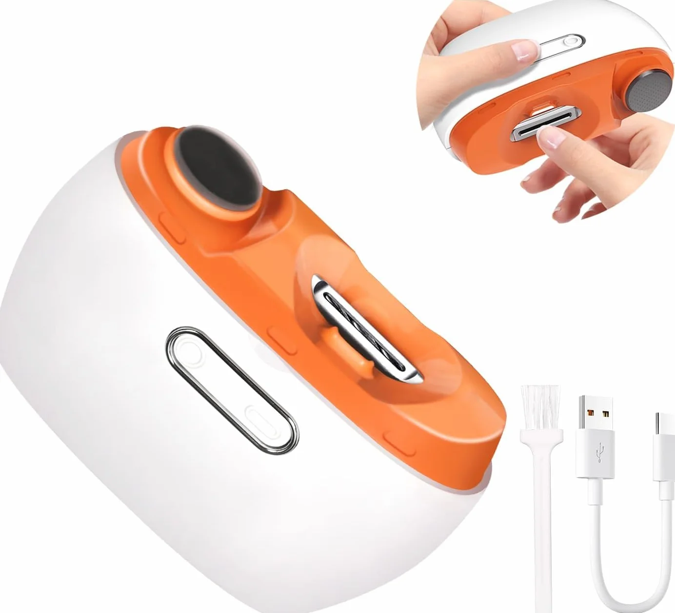 Tagliaunghie elettrico, 2 in 1, per unghie elettrico, ricaricabile tramite USB, con luce LED, adatto per neonati, bambini, adulti e anziani (arancione)