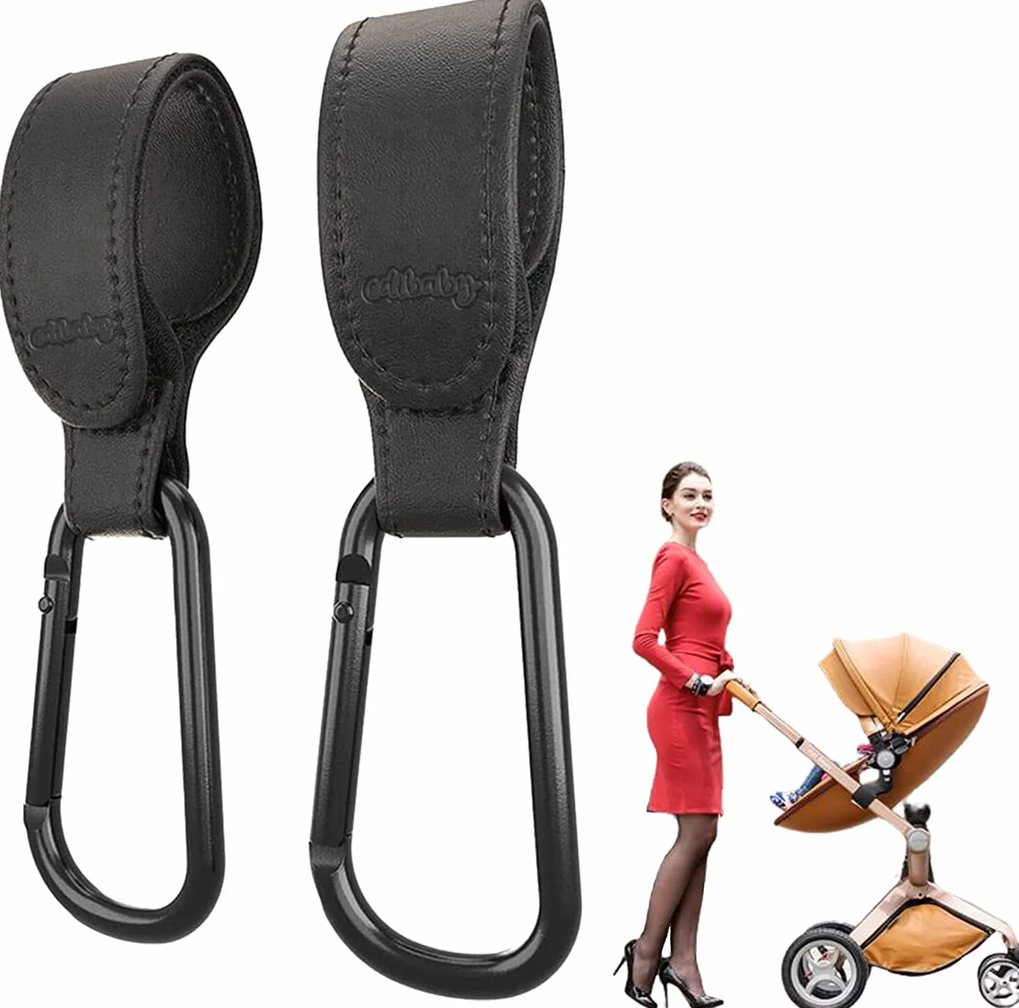 Edibaby, Ganci Passeggino, in Pelle, 2 Unità, Universale, Moschettoni per Carrozzina, per Borsa Passeggino, Zaini, etc (Nero)