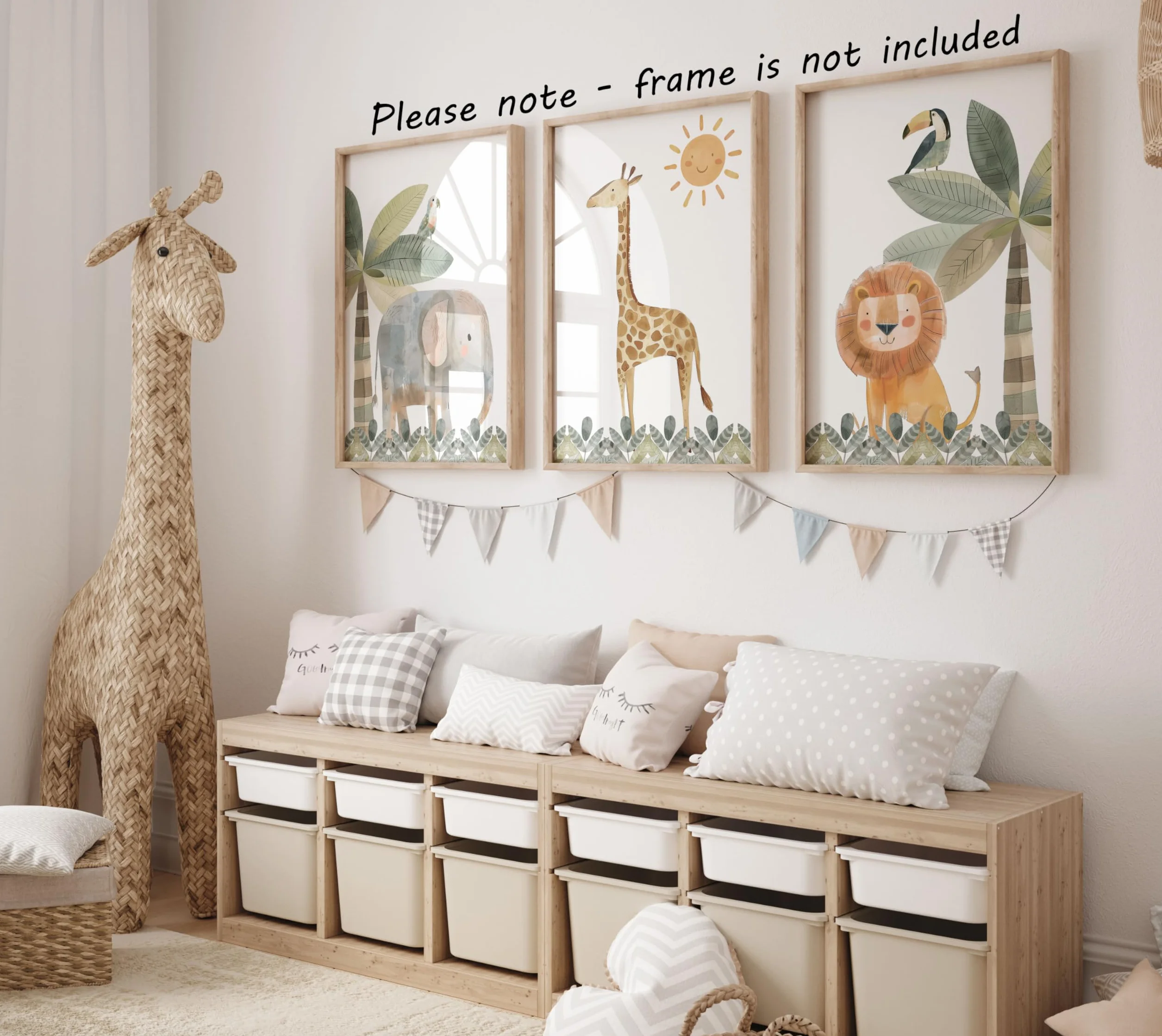 Eviepops Prints Quadri Cameretta Safari – Set di 3 Stampe Animali Acquerello Elefante, Giraffa, Leone Toni Neutri Decorazione Parete Bambini e Sala Giochi (A3)