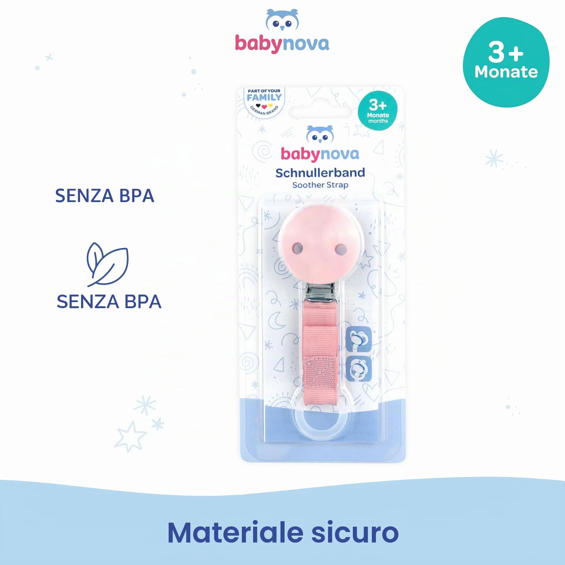 babynova Catenella portaciuccio con cinturino in tessuto, clip e anello in silicone – Portaciuccio per neonati – Adatto a qualsiasi ciuccio – Essenziale per neonati – Senza BPA – Blu