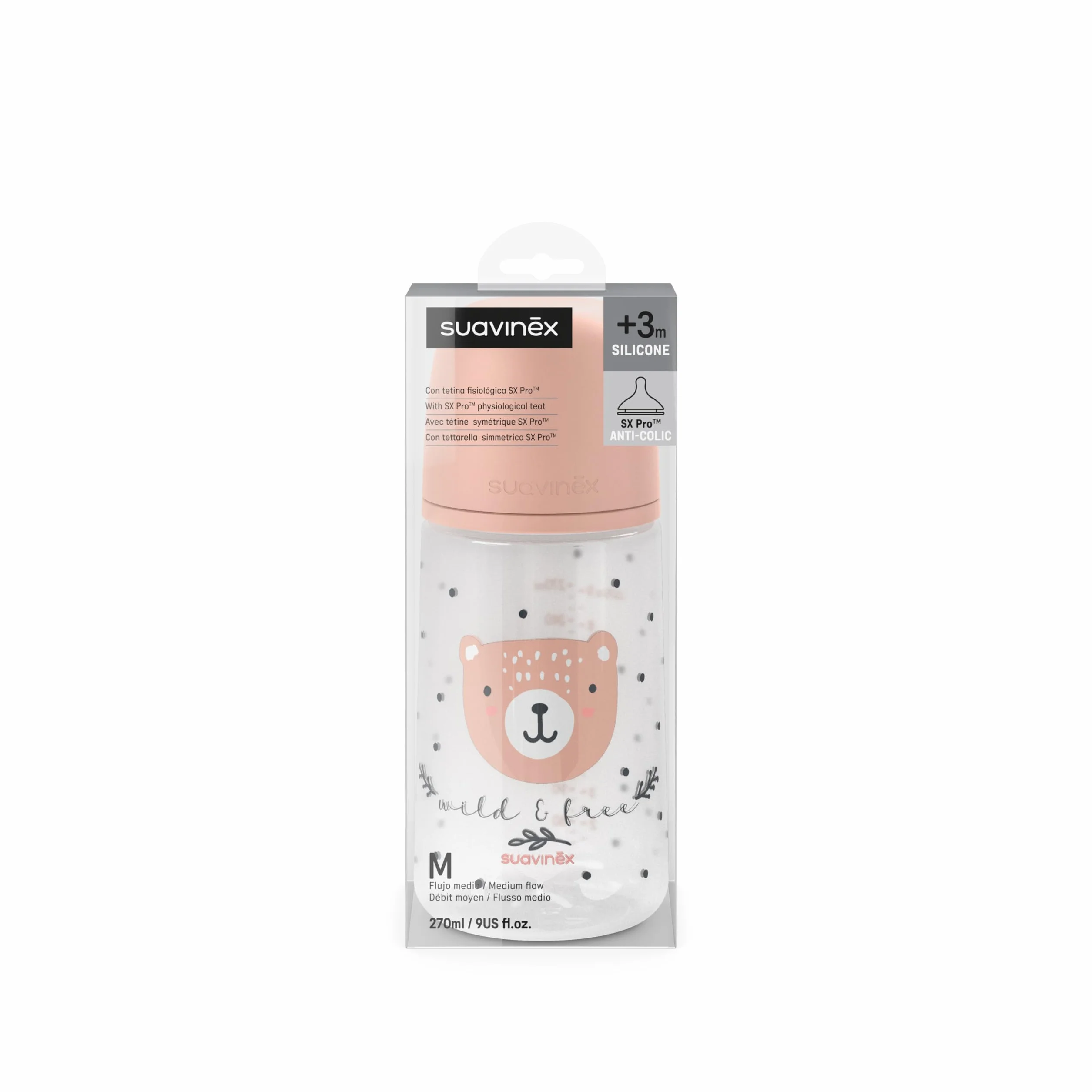 Suavinex, Biberon da 270 ml con Tettarella Fisiologica SX Pro in Silicone con Valvola Anticolica, Flusso Medio (M), per Liquidi a Densità Media, Latte, Succhi o Acqua. Neonati +3 Mesi. Wild&Free Rosa