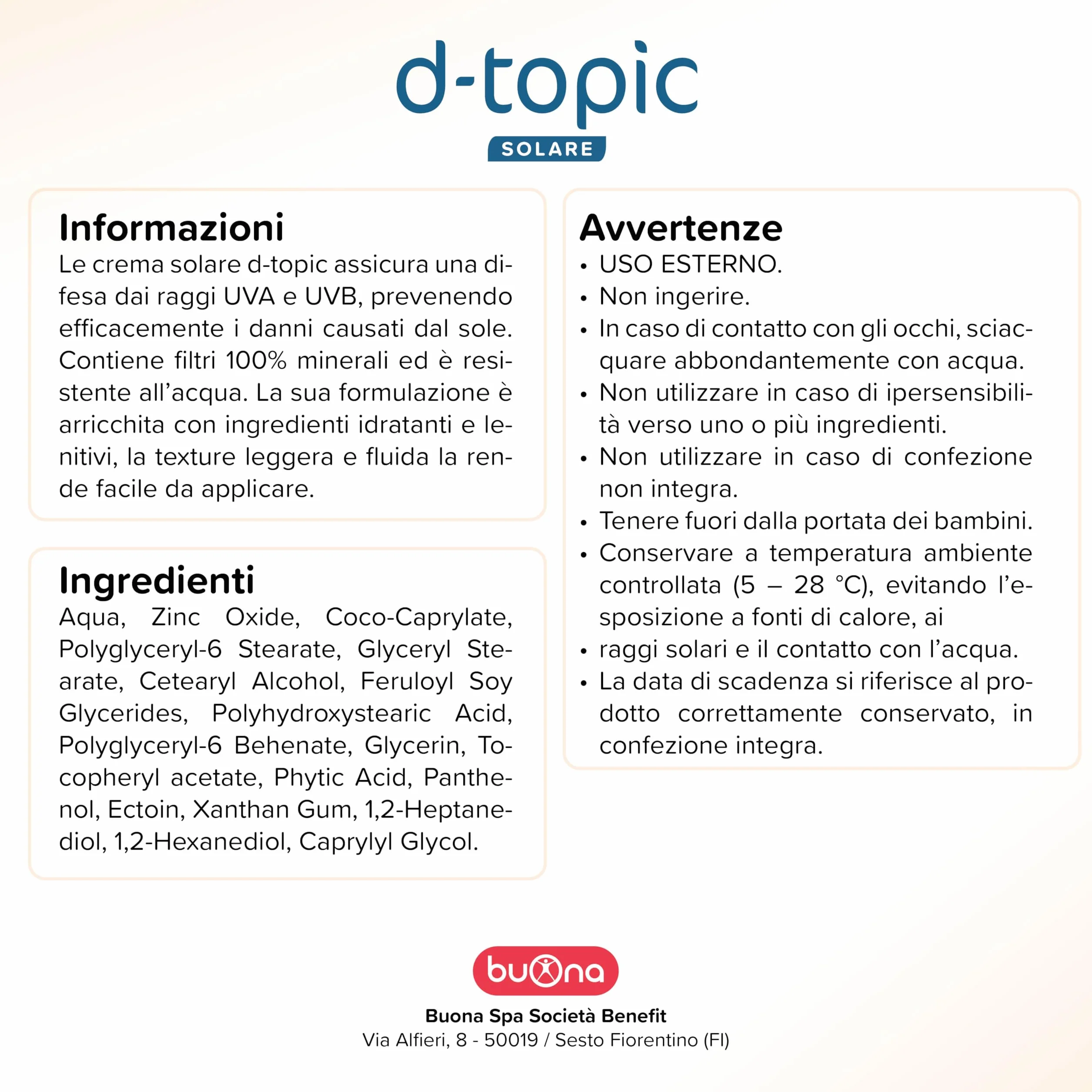 Buona d-topic Solare Crema Solare 50 Bambini 100 ml Protezione Solare Neonato per Pelle Sensibile e Delicata, Filtri 100% Minerali, Resistente All’Acqua, Senza Filtri Chimici, Effetto Invisibile