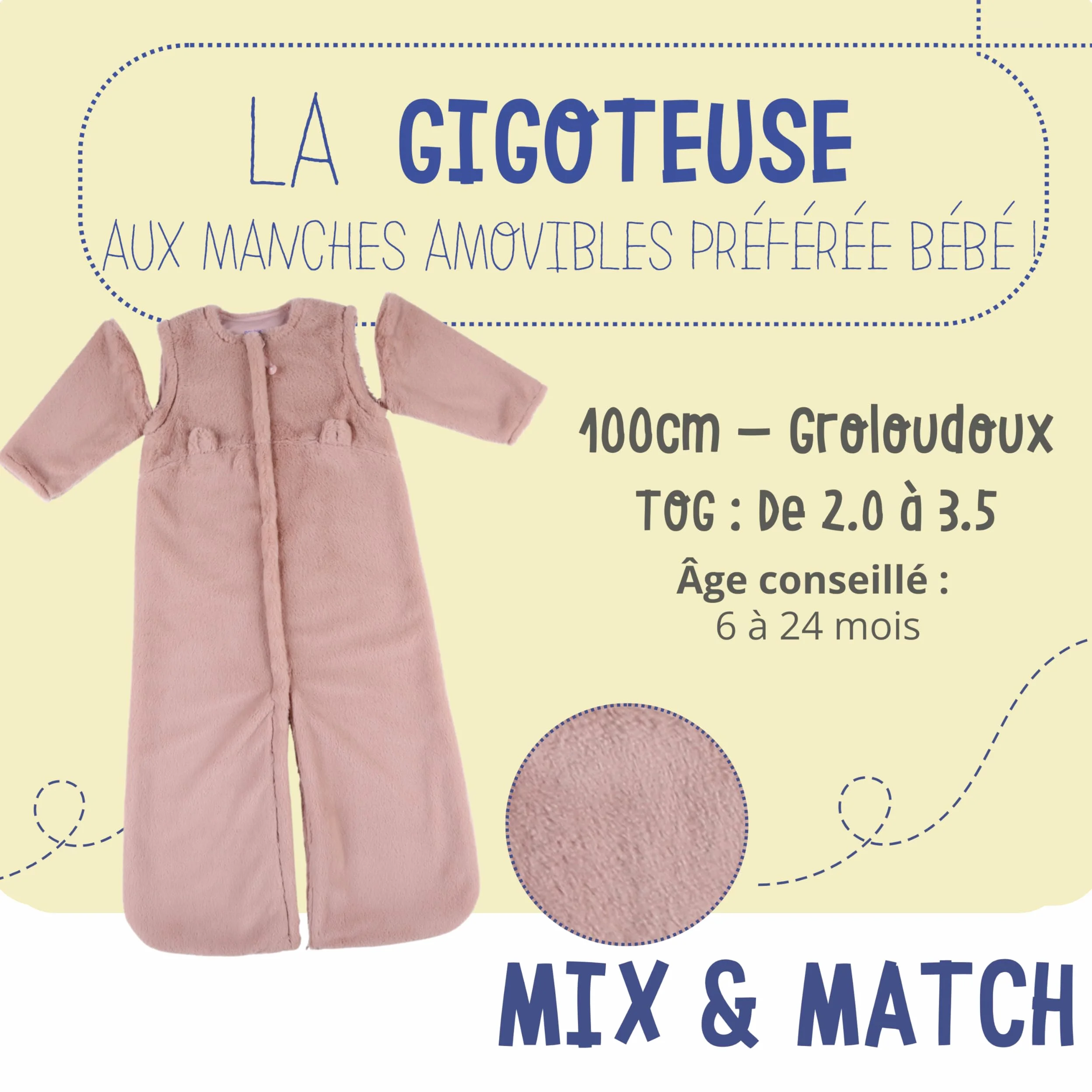 Noukie's - Sacco nanna invernale 6-24 mesi (100 cm) - Sacco nanna TOG da 2 a 3,5 - Groloudoux rosa chiaro