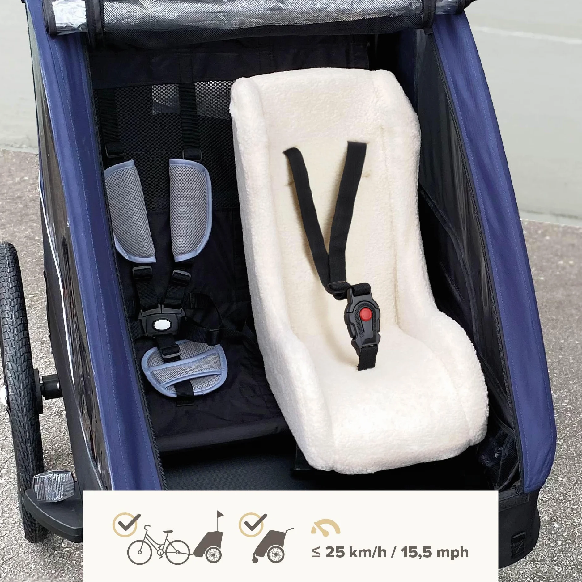 POLISPORT 8015000022 – Mini Pelican Fleece Riduttore Seduta Bebè con Cintura a 3 Punti per Rimorchio, Passeggino e Bici Cargo – Caldo, Sicuro e Compatibile per Bambini da 7 a 18 Mesi, Bianco