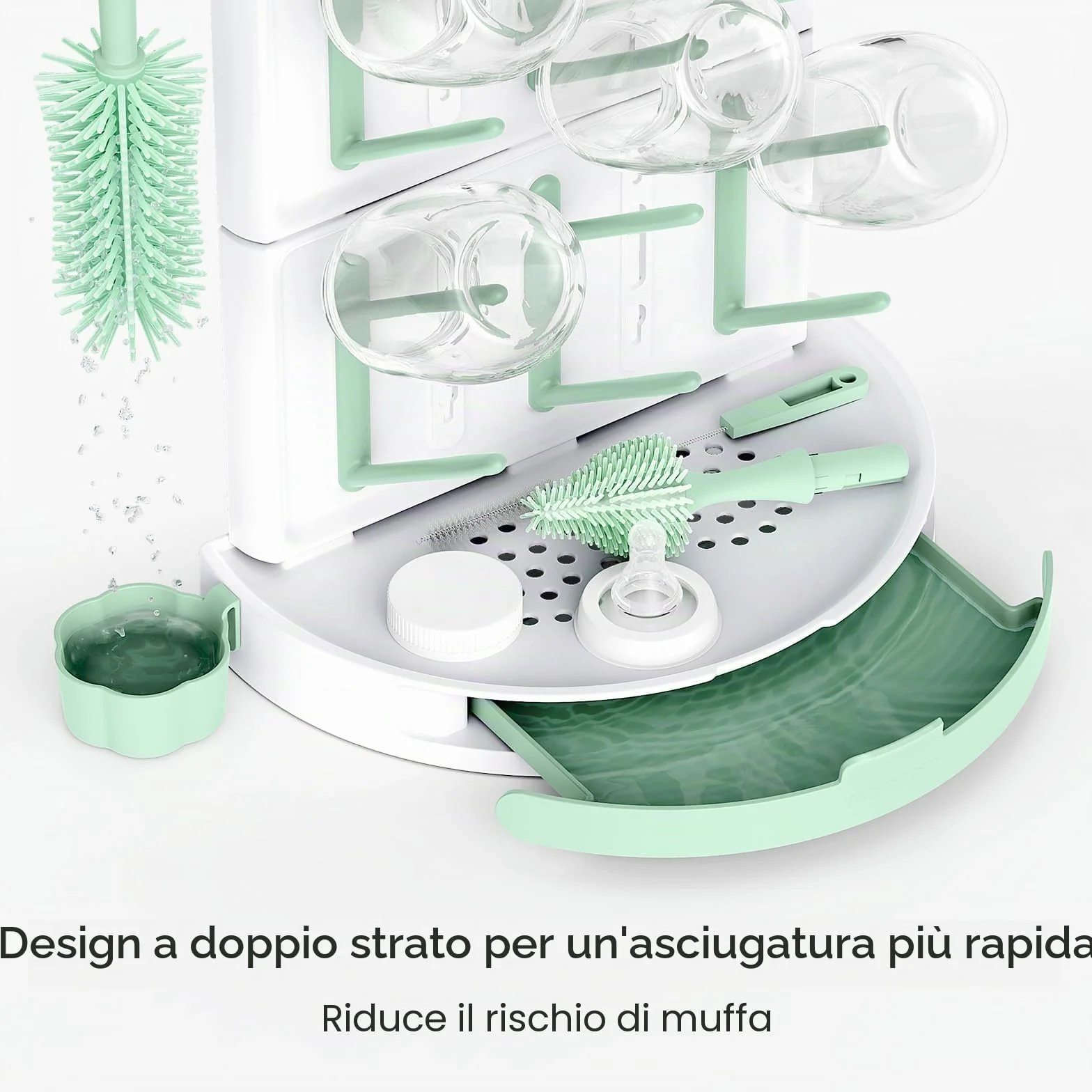 Momcozy Stendibiancheria verticale per biberon, grande capacità, 18 unità, design modulare compatto con portaspazzole integrato, asciugabottiglie per tettarelle, tiralatte e accessori