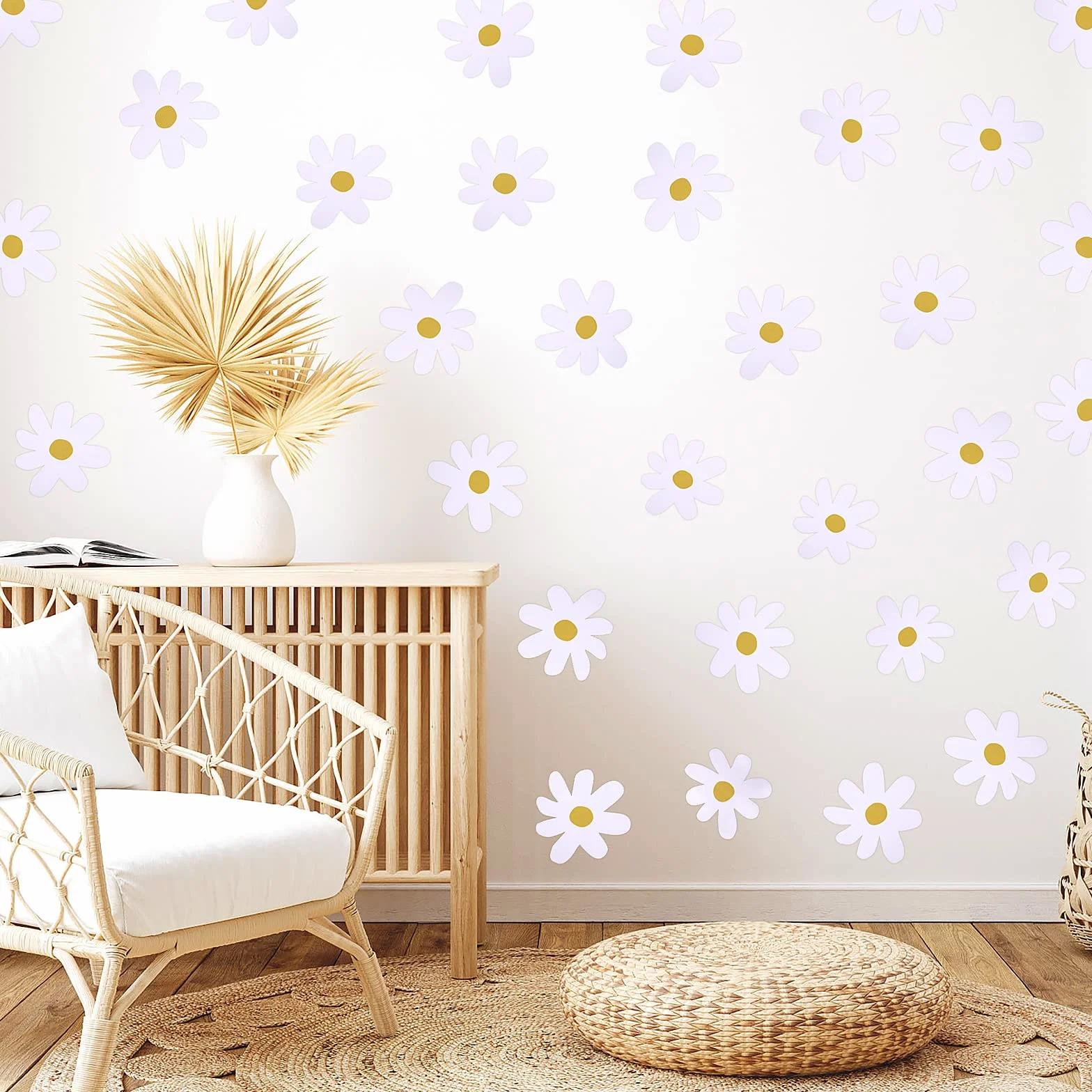 Bremorou 36 adesivi da parete per cameretta dei bambini, margherite, autoadesivi, decorazione da parete, bianchi, vinile, decorazione floreale, rustico, impermeabile