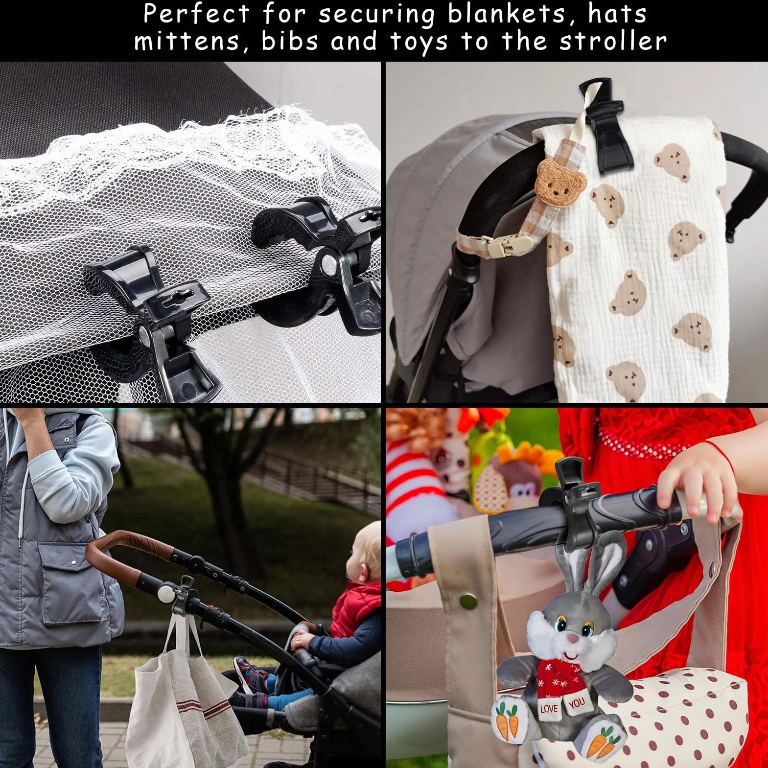 4 mollette per passeggino, clip per passeggino, clip universali, clip per il fissaggio di giocattoli, per passeggini, sedie a sdraio, sedie a rotelle (nero)
