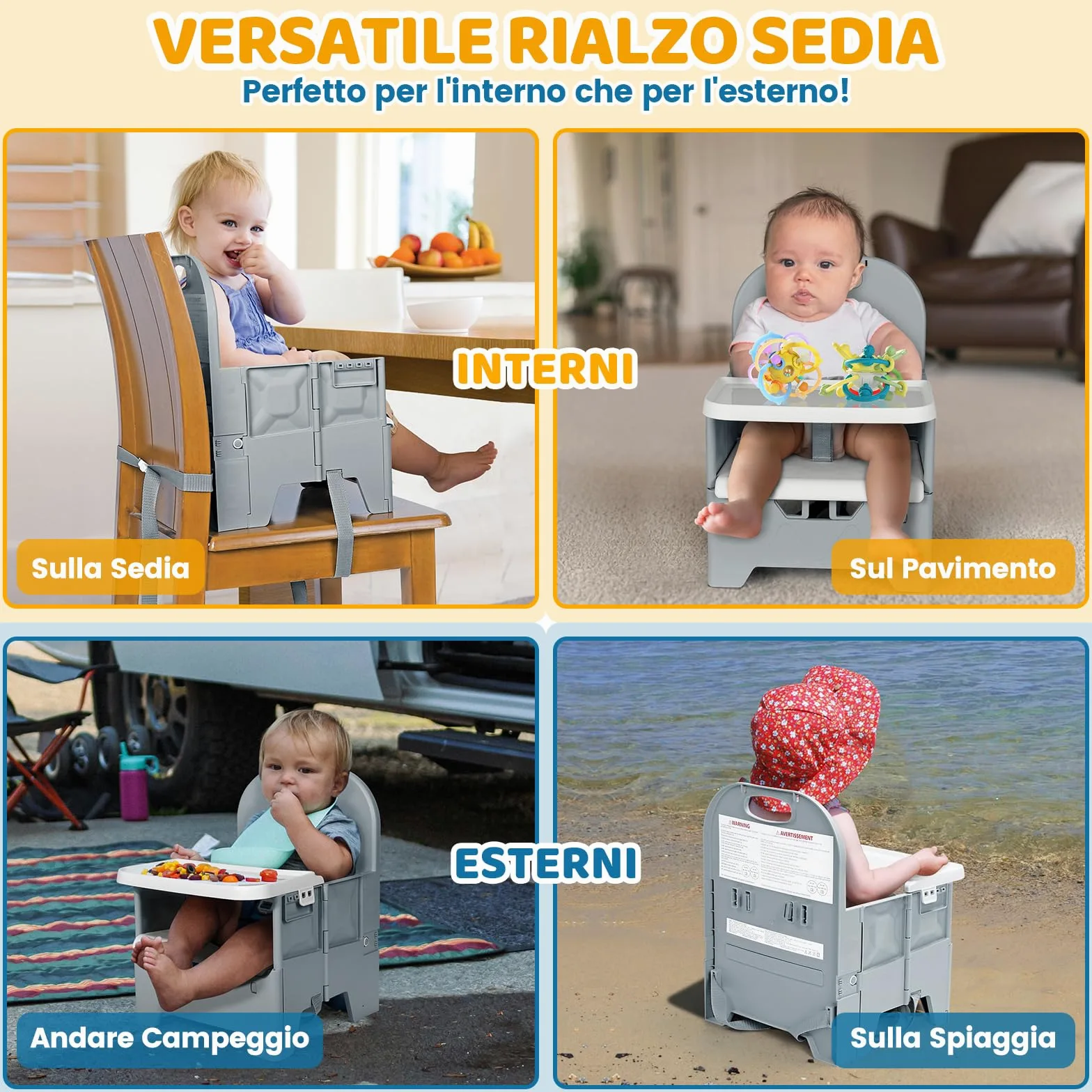 Orzbow Sedia pieghevole per bambini, stabile seggiolone da viaggio con vassoio rimovibile, materiale ABS e struttura stabile, sedia da campeggio portatile per bambini da 6 mesi a 3 anni, 15 kg, grigio