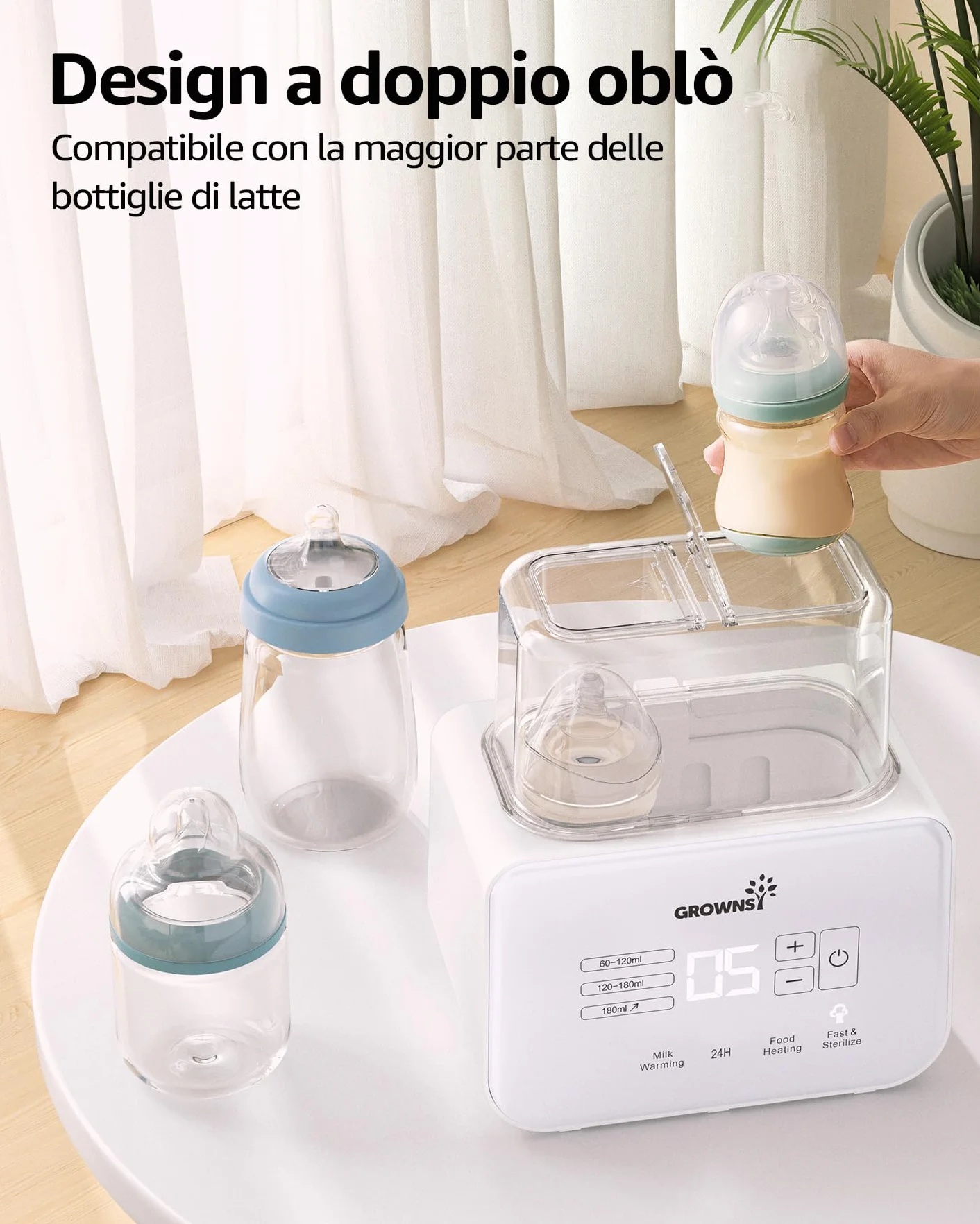 Grownsy Scaldabiberon, Sterilizzatore per Biberon 9 in 1 Fast Riscaldamento e Sbrinamento, Timer, Rapido Controllo Della Temperatura, Senza BPA, con Display LCD, Doppio Scaldabiberon