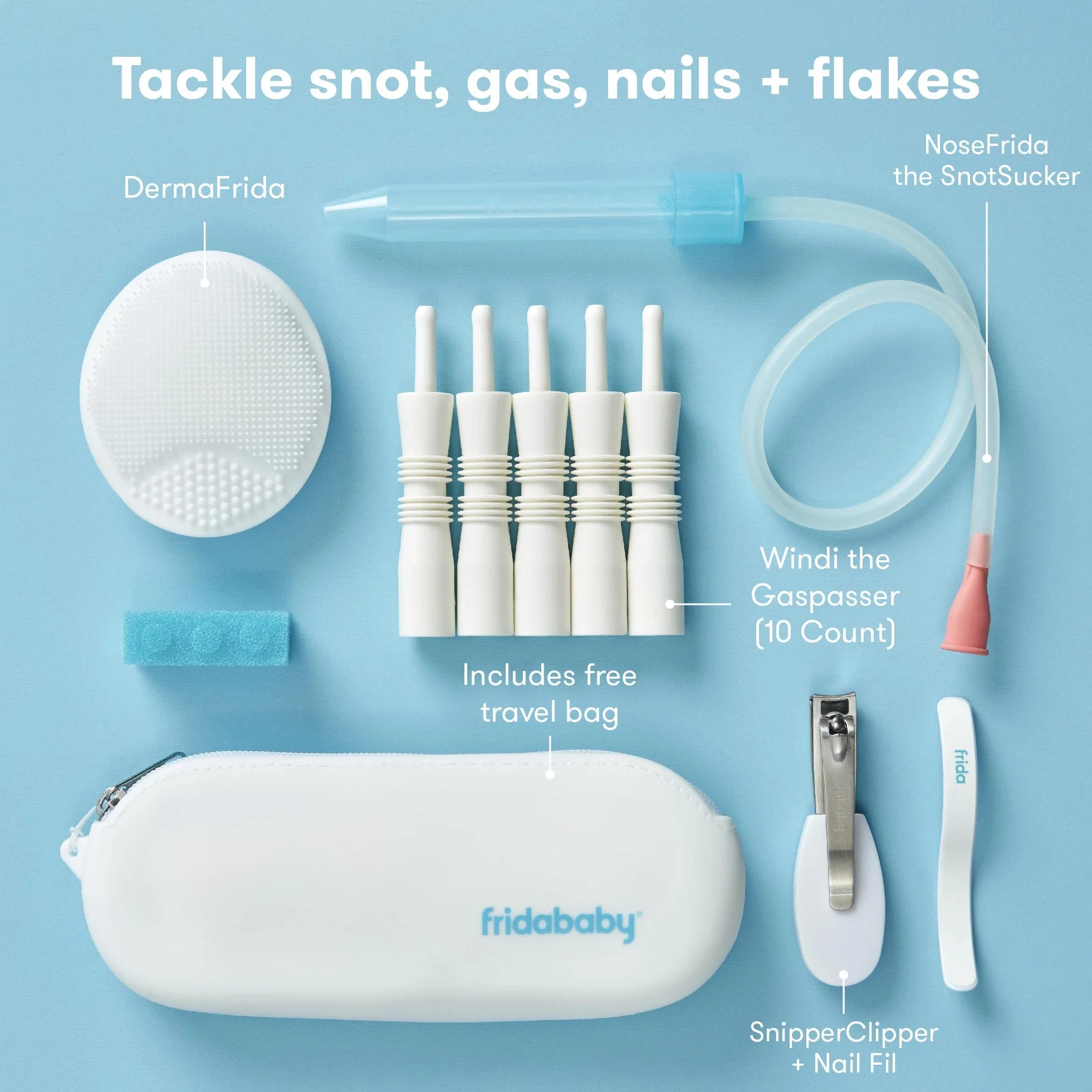 Baby Basics Kit di Frida Baby | Include NoseFrida, NailFrida, Windi, DermaFrida + custodia in silicone