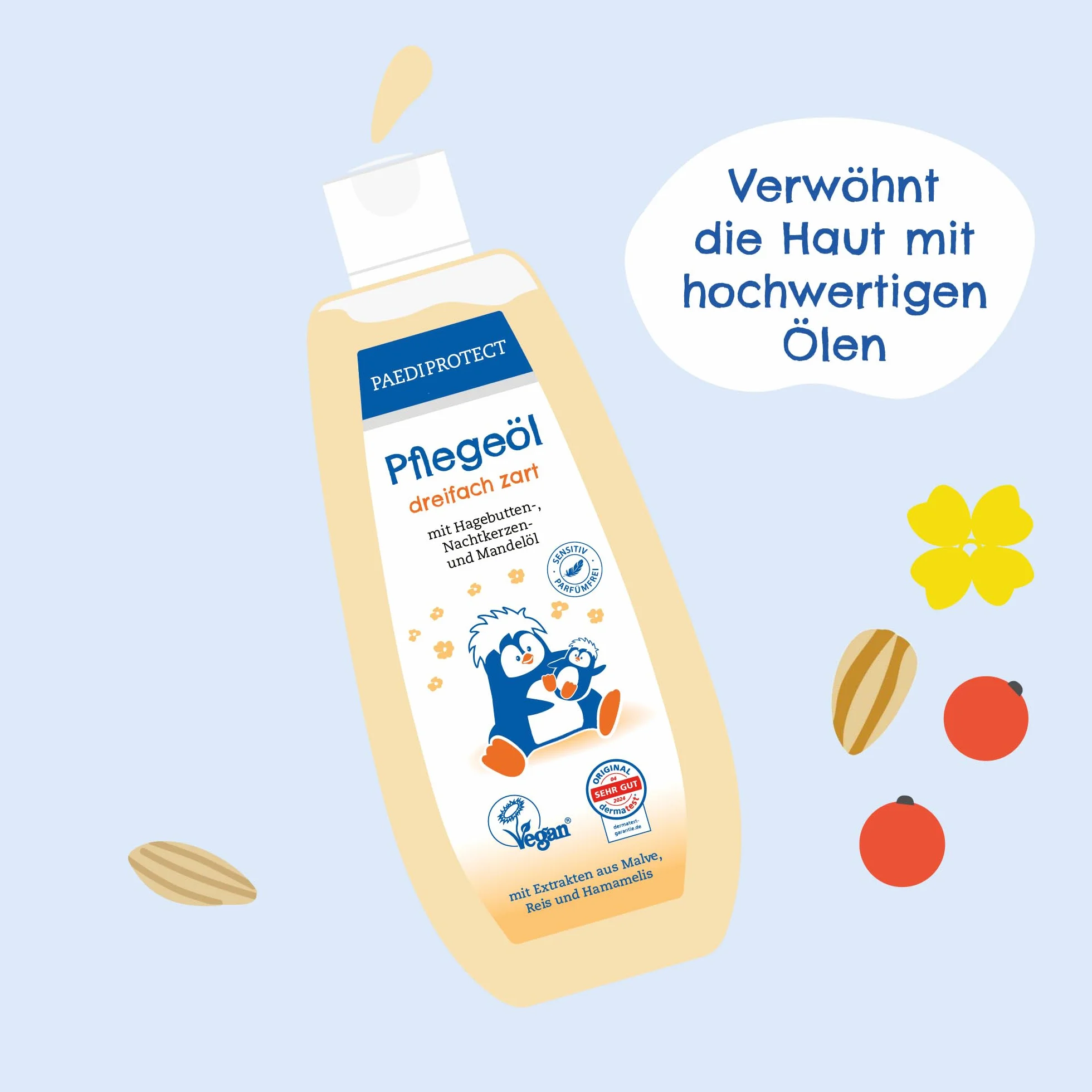 PAEDIPROTECT Olio per la cura di neonati e bambini 200 ml, olio per bambini con olio di mandorle per pelli giovani, olio per il corpo per la cura delicata della pelle e pulizia nella zona del
