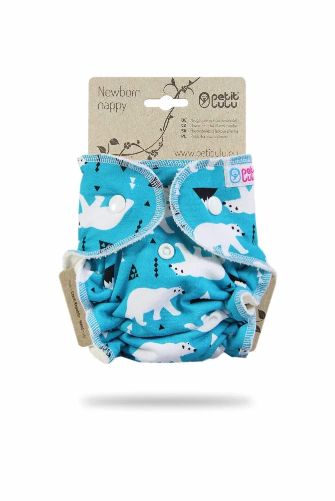 Petit Lulu pannolino in tessuto in bambù fitted neonato | Snaps | Materiale esterno 95% cotone, 5% elastan | Riutilizzabile e lavabile | Pannolino Mutandina di stoffa | Prodotto in Europa (Polar Bear)