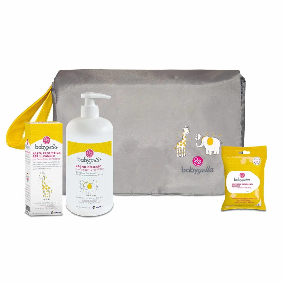 Babygella Kit Essenziale con Trousse da Viaggio e Prodotti Babygella per l'Igiene del Neonato, Idea Regalo Neomamma