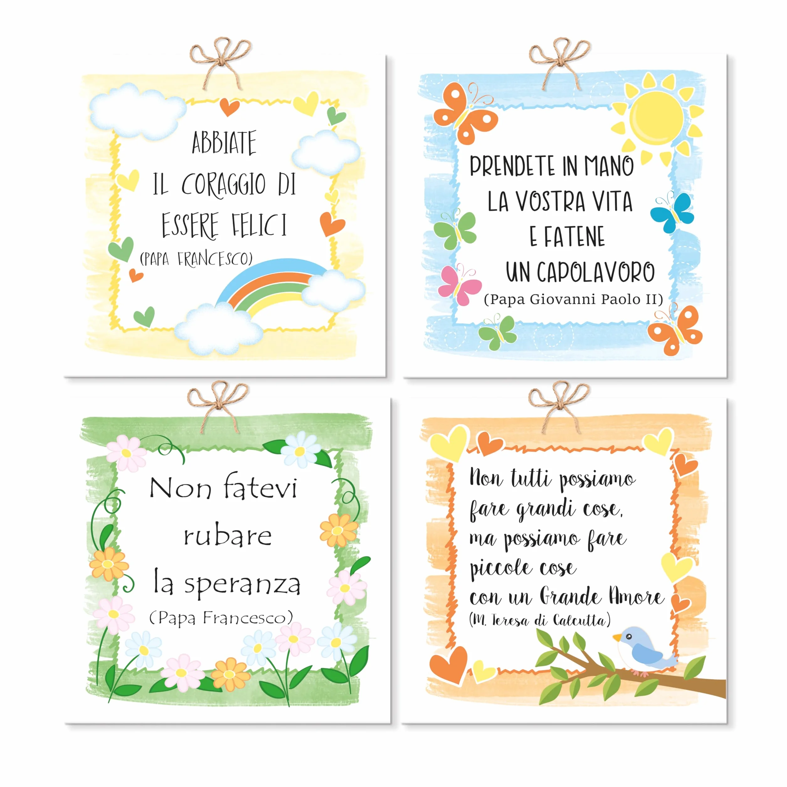 Kit 4 quadretti cm 10x10 con calamita da appendere a muro e su superfici metalliche ideale come bomboniera Battesimo Prima Comunione Cresima Laurea, SPERANZA