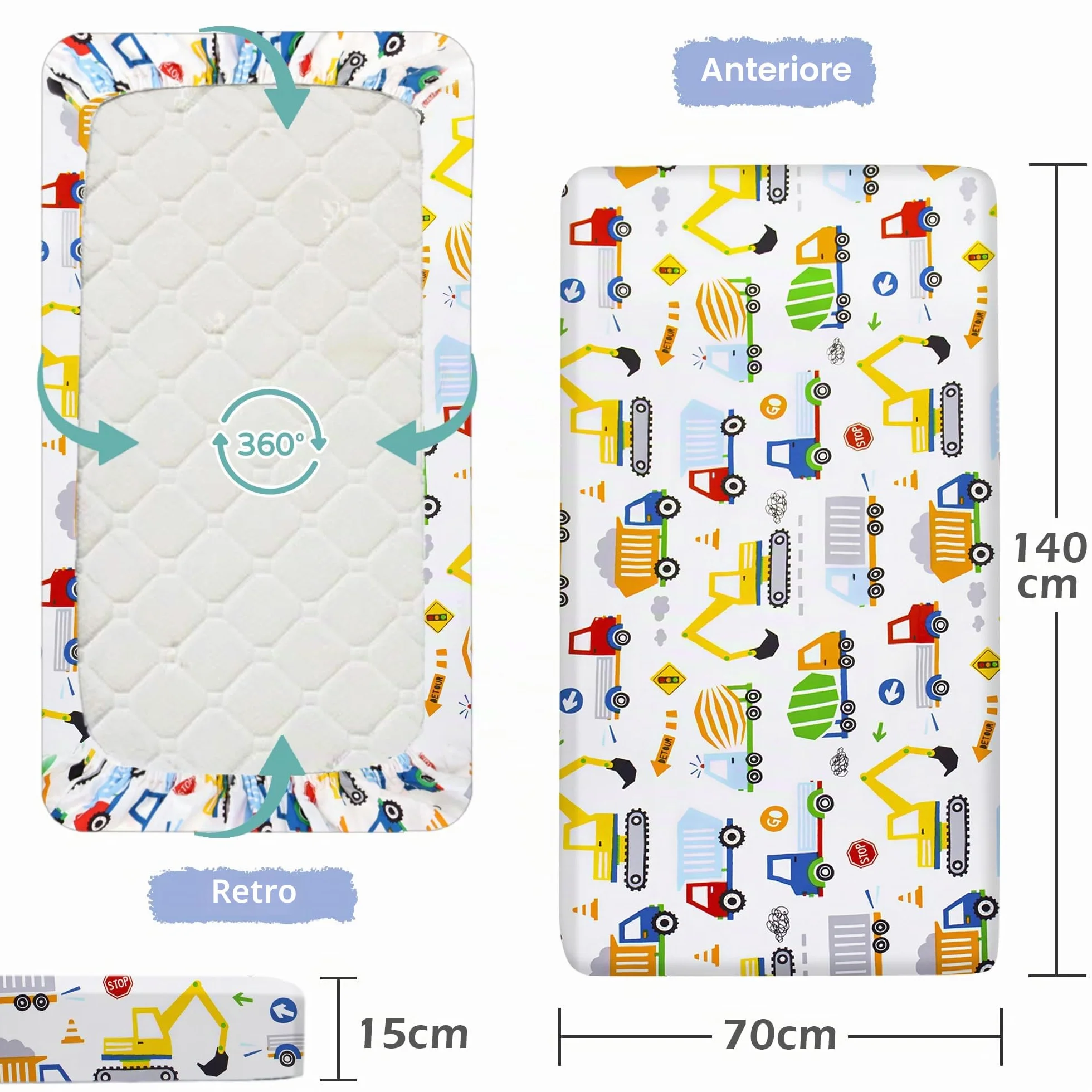 Confezione da 2 lenzuola con angoli per lettino 140 x 70 cm per bambine e bambini | Biancheria da letto per lettino | Facile cura, cotone morbido e resistente, lenzuola per culla con motivo unico auto