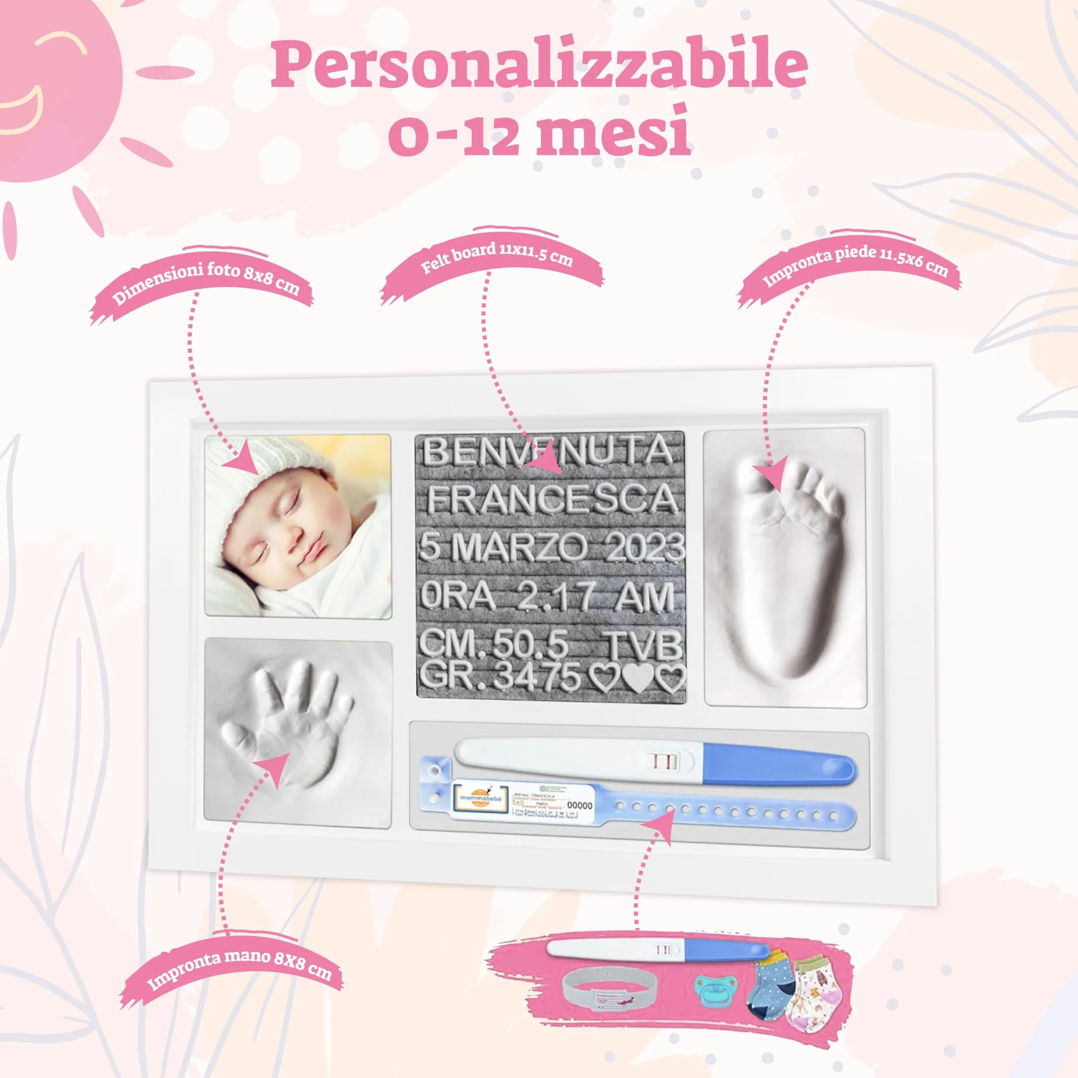 Impronta Mani e Piedi Neonati Kit Cornice Personalizzata Impronte Neonato Quadretto Nascita Bimbo Felt Board con Lettere e Numeri