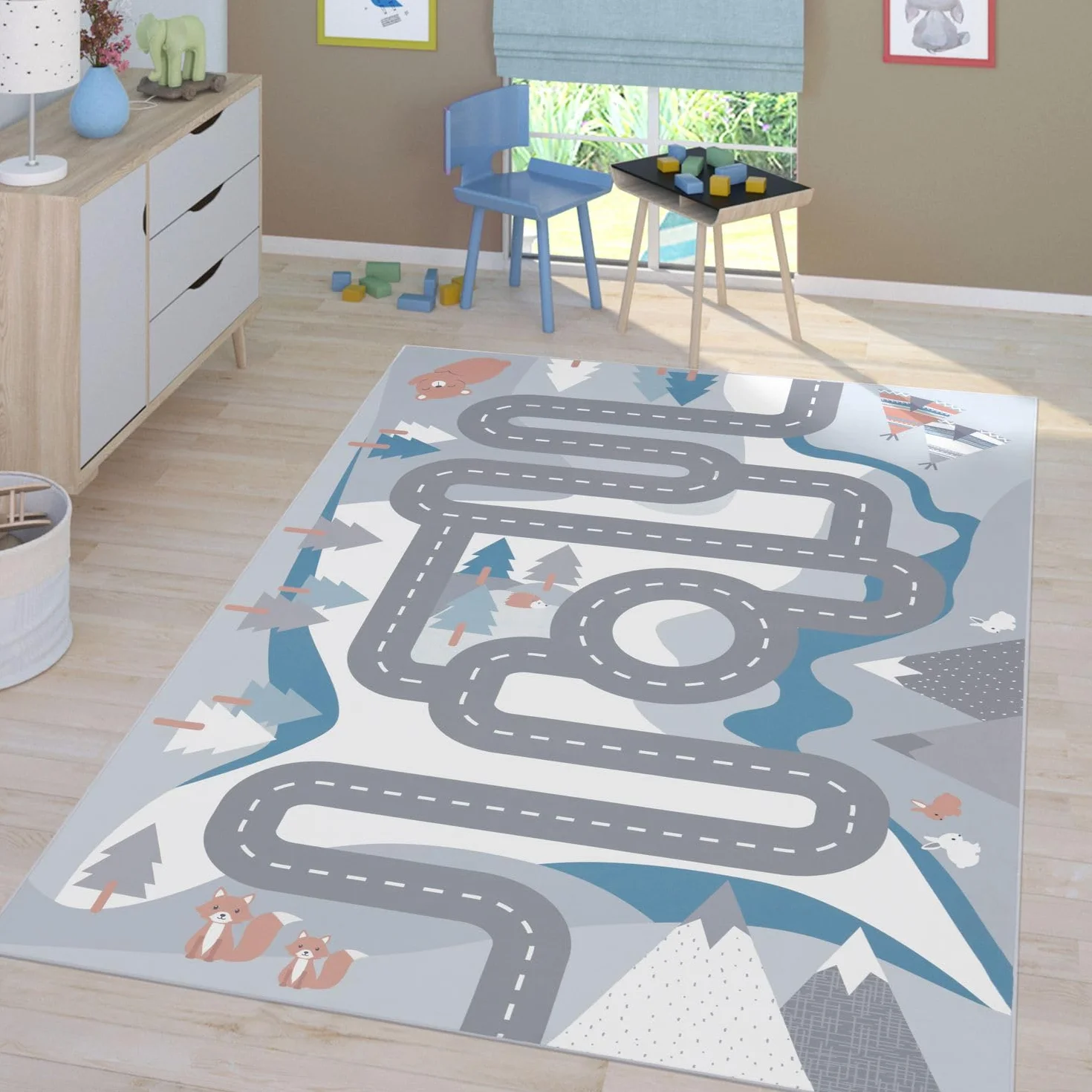 TT Home Tappeto Stanza Bambini Auto Bambini Strada Antiscivolo Moderno, Colore: Crema, Dimensione:80x150 cm